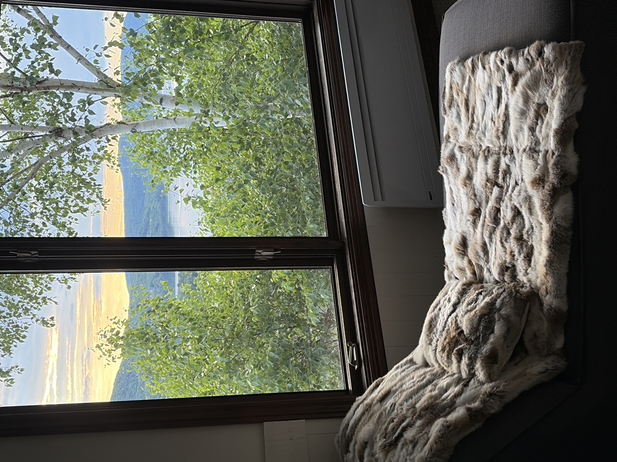 A low-angle, full shot captures an interior view through a large wooden-framed window looking out onto a scenic landscape at dusk. In the foreground, a dark grey chaise lounge is draped with a large, fluffy faux fur blanket featuring a mottled pattern of brown, tan, and cream. The blanket covers most of the lounge, with its texture emphasized by the lighting. Below the window, a long, horizontal, white electric baseboard heater is visible. The window looks out onto a dense forest of green trees, with the trunks of several birch trees prominent, their white bark contrasting with the leaves. Beyond the trees, a wide body of water, likely a lake or river, stretches across the mid-ground, reflecting the soft, warm hues of the setting sun. Distant, rolling green mountains form the background, silhouetted against a sky filled with streaks of orange, yellow, and pale blue clouds. The scene suggests a serene, comfortable setting with a beautiful natural view, possibly in Mont-Tremblant, Quebec, Canada, known for its picturesque mountainous and lakeside environments.