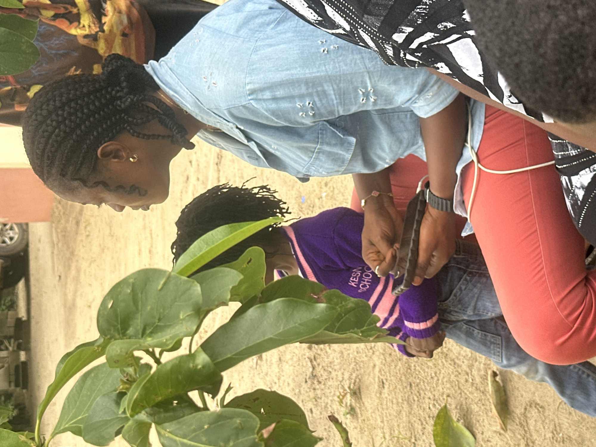 In Ganyingbo, Nigeria, two individuals are seated outdoors on sandy ground near a plant with large green leaves. The person on the right, a woman with dark braided hair, wears a light blue denim shirt and coral-colored pants. She is holding a smartphone in her right hand and appears to be interacting with it. A thin white cord is visible around her waist. To her left, a child with dark hair is visible from the shoulders down. The child is wearing a purple sweater with pink stripes and blue jeans. The child’s hands are not clearly visible. In the background, a portion of a vehicle with a silver wheel is discernible, suggesting an urban or semi-urban setting.
