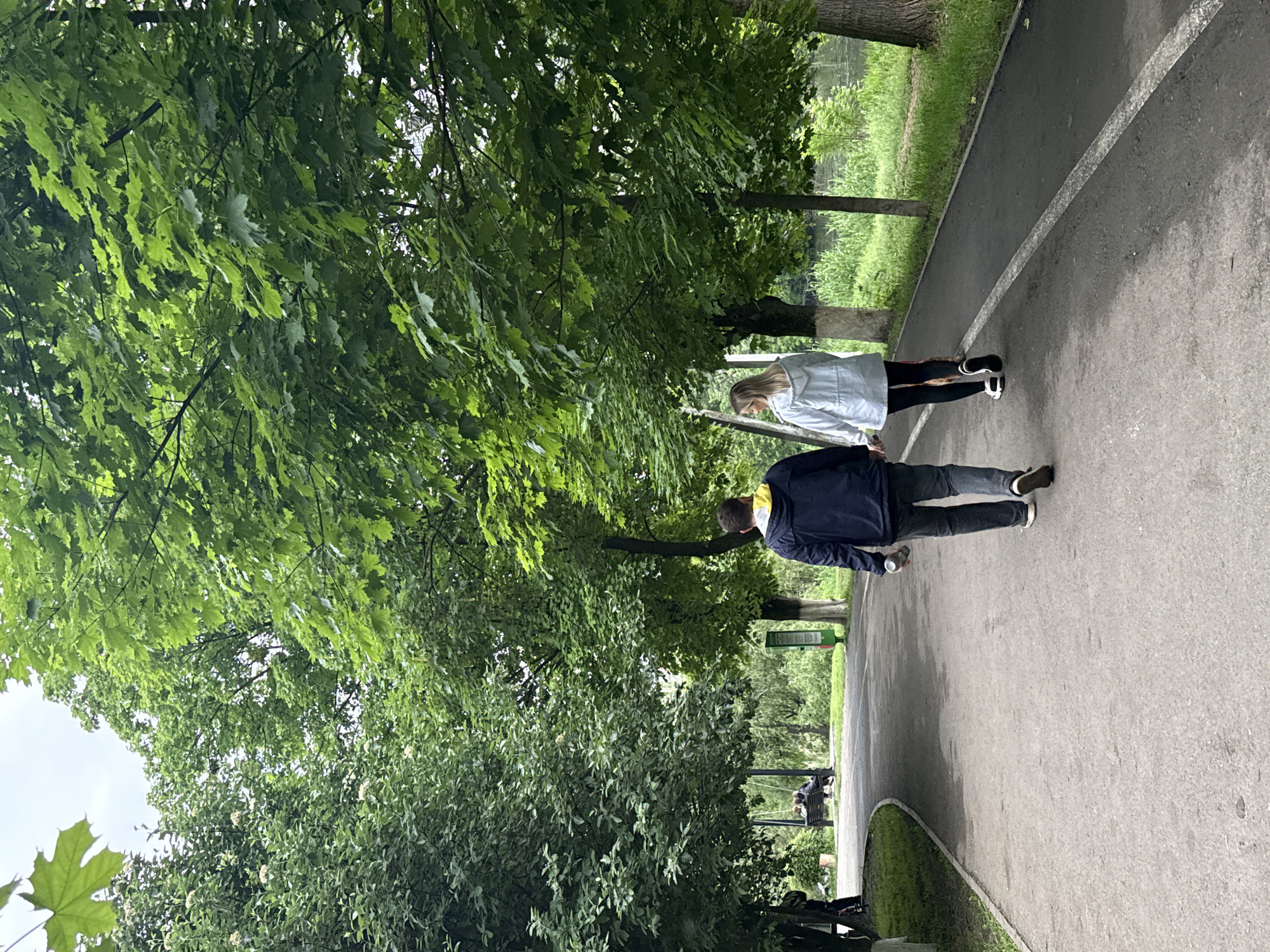 A medium, eye-level shot depicts a paved path in what appears to be a park. A couple, a man and a woman, are walking along the path, away from the viewer. The man is wearing a dark blue jacket with a yellow collar, jeans, and brown shoes. The woman is wearing a light gray jacket, black leggings, and black and white sneakers. Lush green trees line the path, creating a canopy overhead. Further down the path, a bench with people sitting on it can be seen. The location is Rostov-on-Don, Russia.
