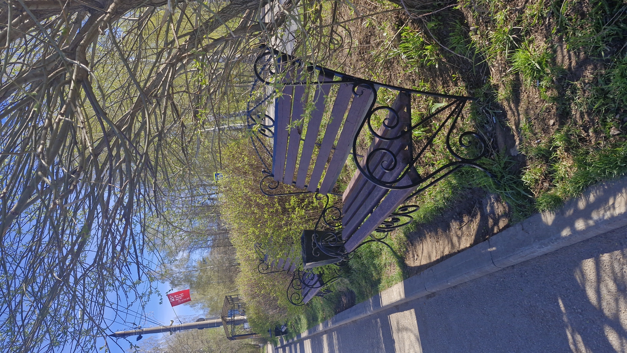 The image depicts an outdoor scene in a park or garden-like setting, with a focus on a wrought-iron park bench with wooden slats. The bench is positioned adjacent to a paved walkway or road, with a curb separating the grass and dirt area where the bench sits. The surrounding vegetation is green, suggesting spring or early summer. Bare tree branches are visible in the background and overhead, some beginning to sprout leaves. Sunlight and shadows play across the ground and the bench. The scene appears to be in a park setting within a city. A red flag is visible in the background. The exact location within Otchor, Russia, cannot be determined solely from the image without additional landmarks or contextual information.