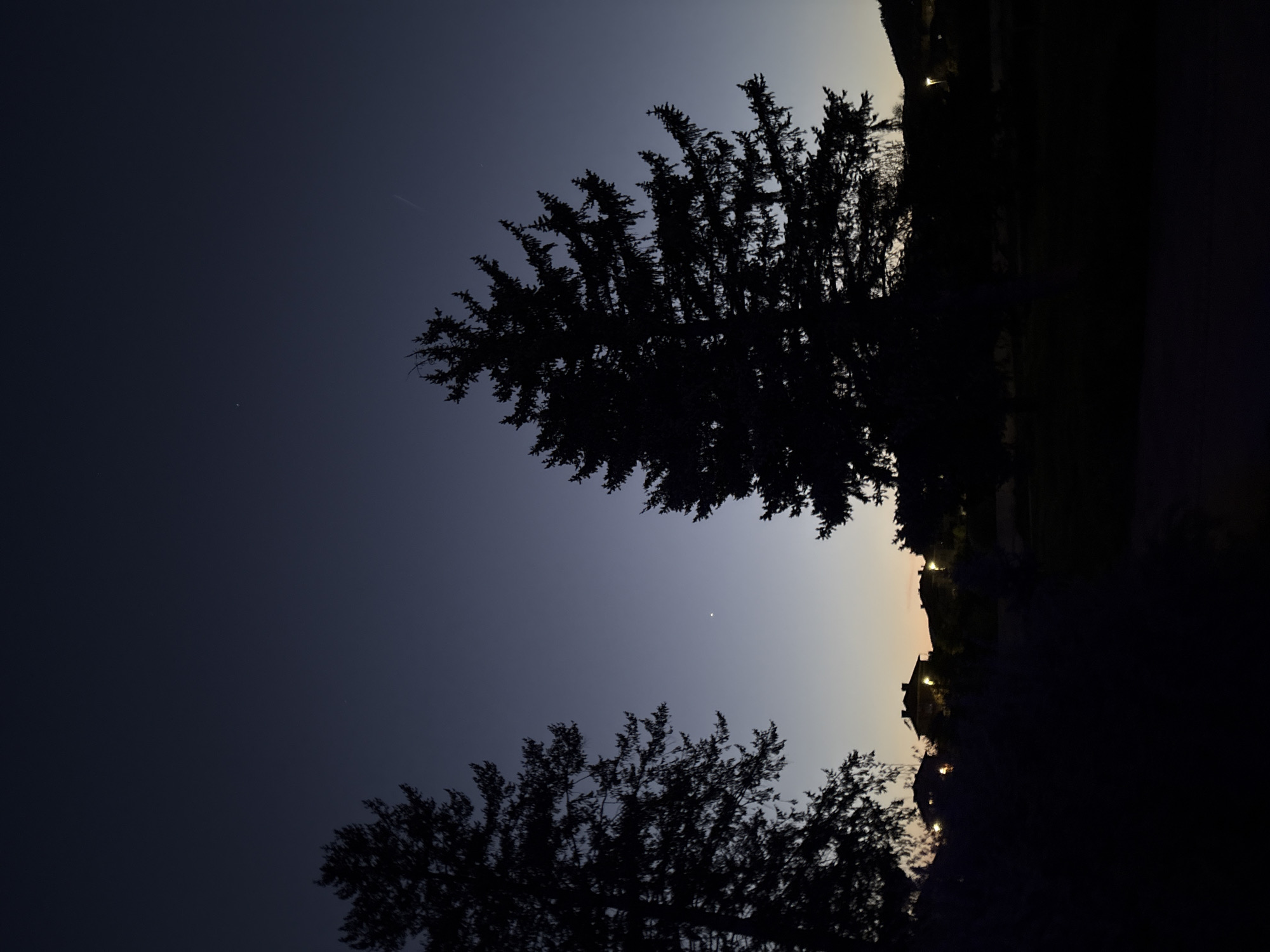 The image shows a night scene in Panagyurishte, Bulgaria, featuring silhouettes of trees against a gradient sky transitioning from dark blue to a light orange/yellow near the horizon, suggesting twilight. In the upper left, a faint contrail is visible. A small bright point, possibly a star or planet, is centrally positioned in the sky. Buildings with illuminated windows are faintly visible in the distance on the right side, near the horizon. The overall impression is of a quiet, dark evening scene.