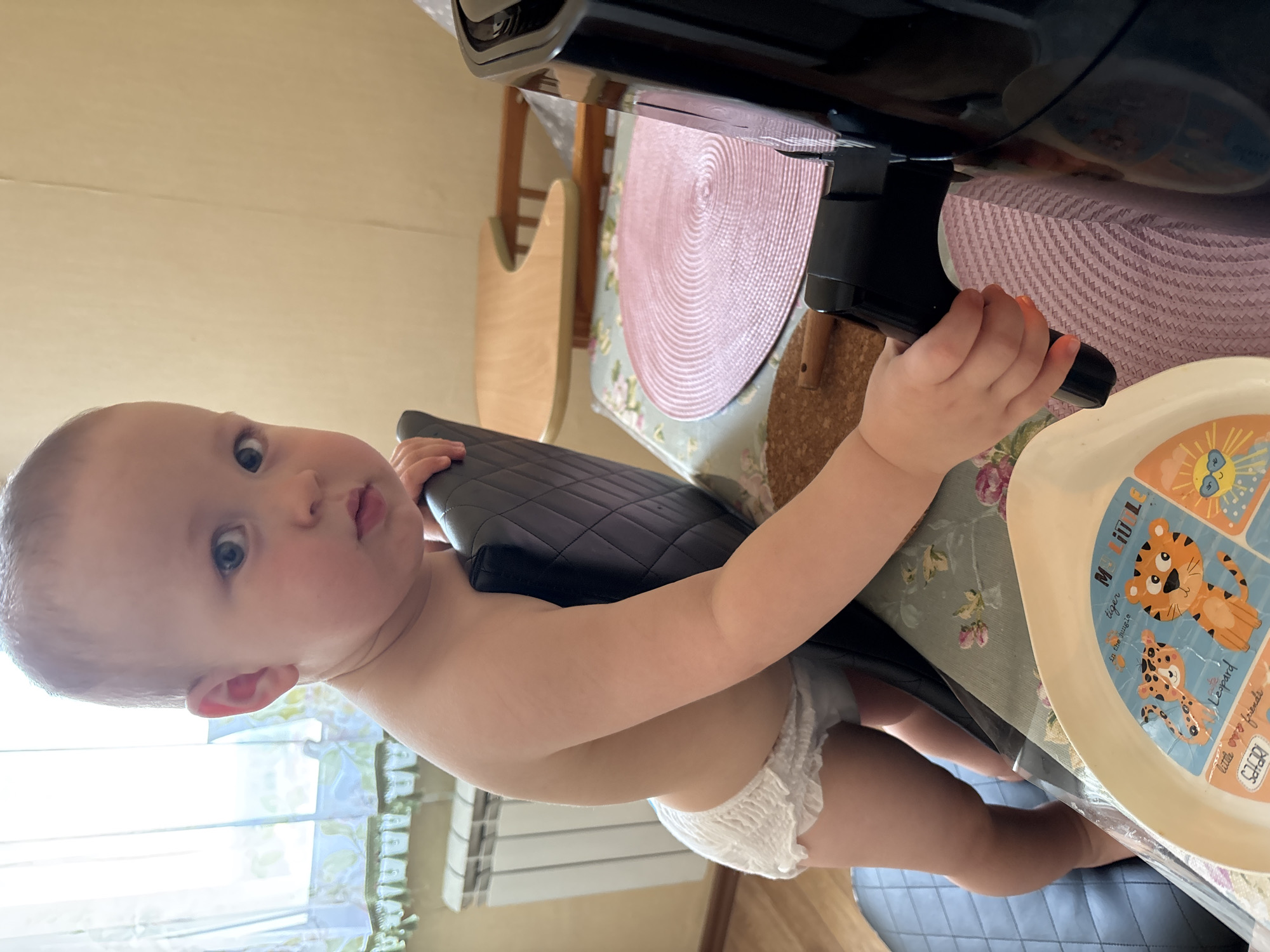 A Caucasian infant is standing and leaning on a black chair at a table. The infant is wearing a diaper. The infant's right hand is on the chair. On the table are a pink placemat, a white plate with cartoon animals, and a black appliance. In the background, there is a window with a curtain and a radiator. The scene appears to be indoors, likely in a residential setting. The specific location within the city of Naberezhnye Chelny, Russia cannot be determined from the image.