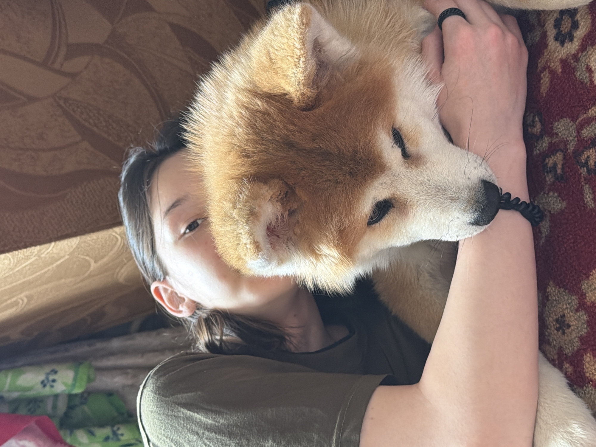 A woman lies on what appears to be a bed or sofa, with a tan and white Akita dog resting on her chest and arm. The woman has dark hair and is wearing a green T-shirt. The dog's face is close to her face. The location is Заболотово, Russia, but this is not verifiable from the image. The surrounding environment includes a patterned blanket or cushion and what looks like a piece of furniture with a brown pattern. The woman's hand is visible, wearing a black ring.