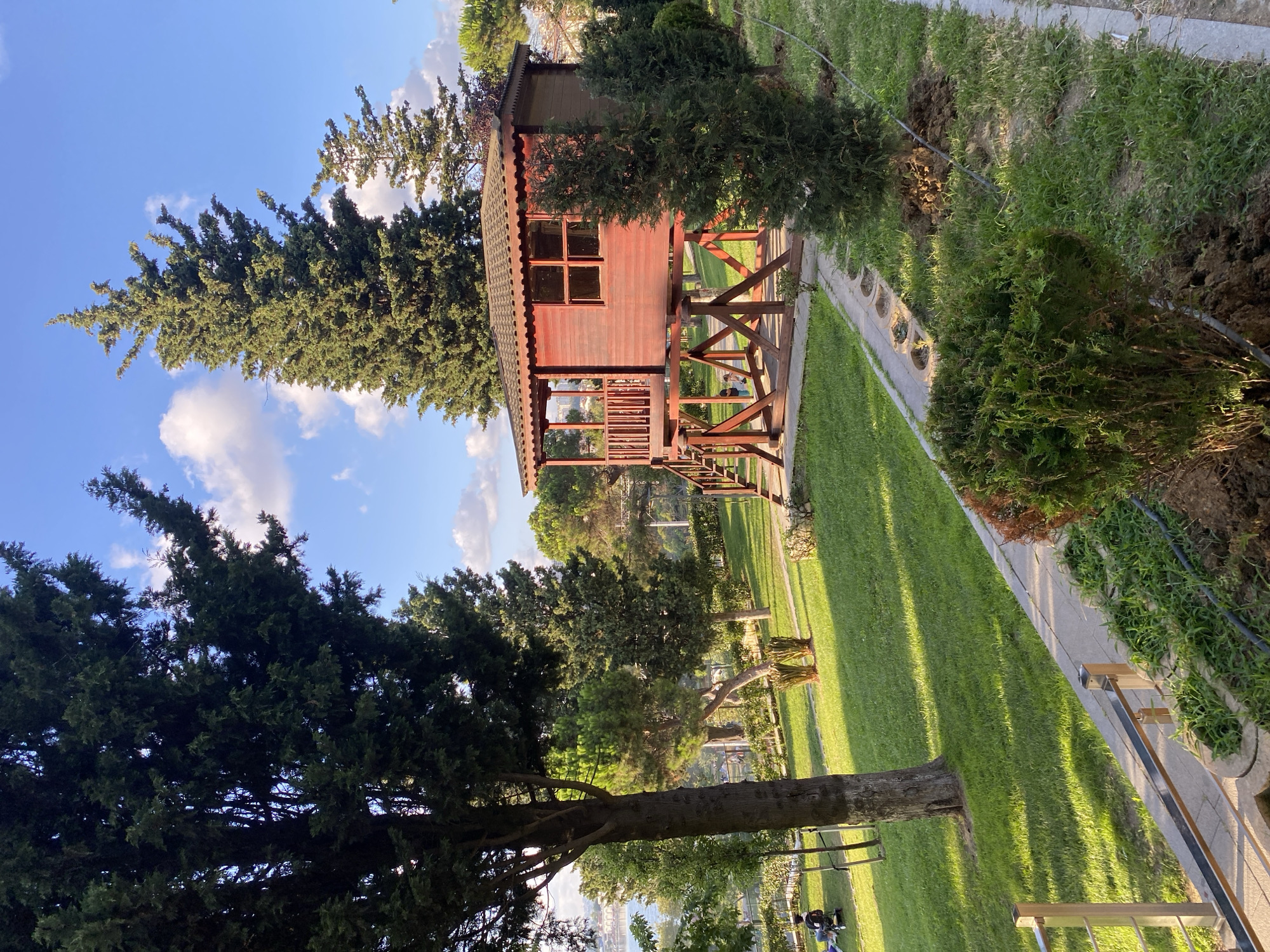 The image depicts a red wooden stilt house in a park setting. The house has a porch with a railing and a pitched roof. Wooden stairs lead up to the porch. The stilt house is surrounded by lush green grass and various types of trees, including tall conifers. In the background, a body of water, possibly a lake or sea, is visible, with a distant cityscape. The sky is blue with scattered white clouds, and the scene is illuminated by the warm light of what appears to be late afternoon or early morning sun, casting long shadows across the grass. Two children are visible near the base of the stilt house. A person is seated on the grass in the mid-ground, near a tree. The park has paved walkways and some landscaping with bushes. The overall impression is of a serene outdoor recreational space.