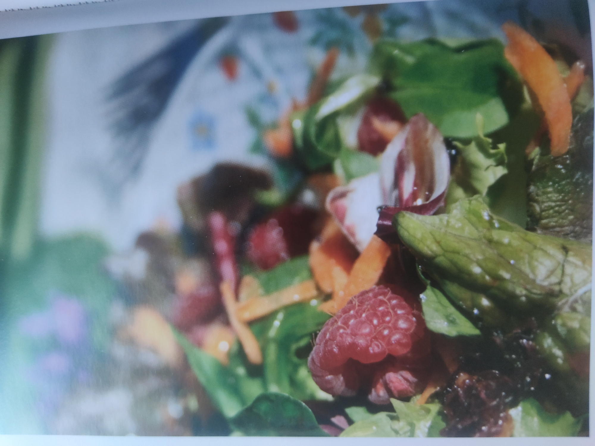 A close-up photograph features a vibrant salad, likely situated indoors, with no discernible city location. The salad contains visible elements such as raspberries, shredded carrots, lettuce leaves, radicchio, and what appears to be asparagus with a glistening dressing. The salad seems to be in a bowl with a patterned background. The overall composition is food-focused, emphasizing the fresh ingredients.