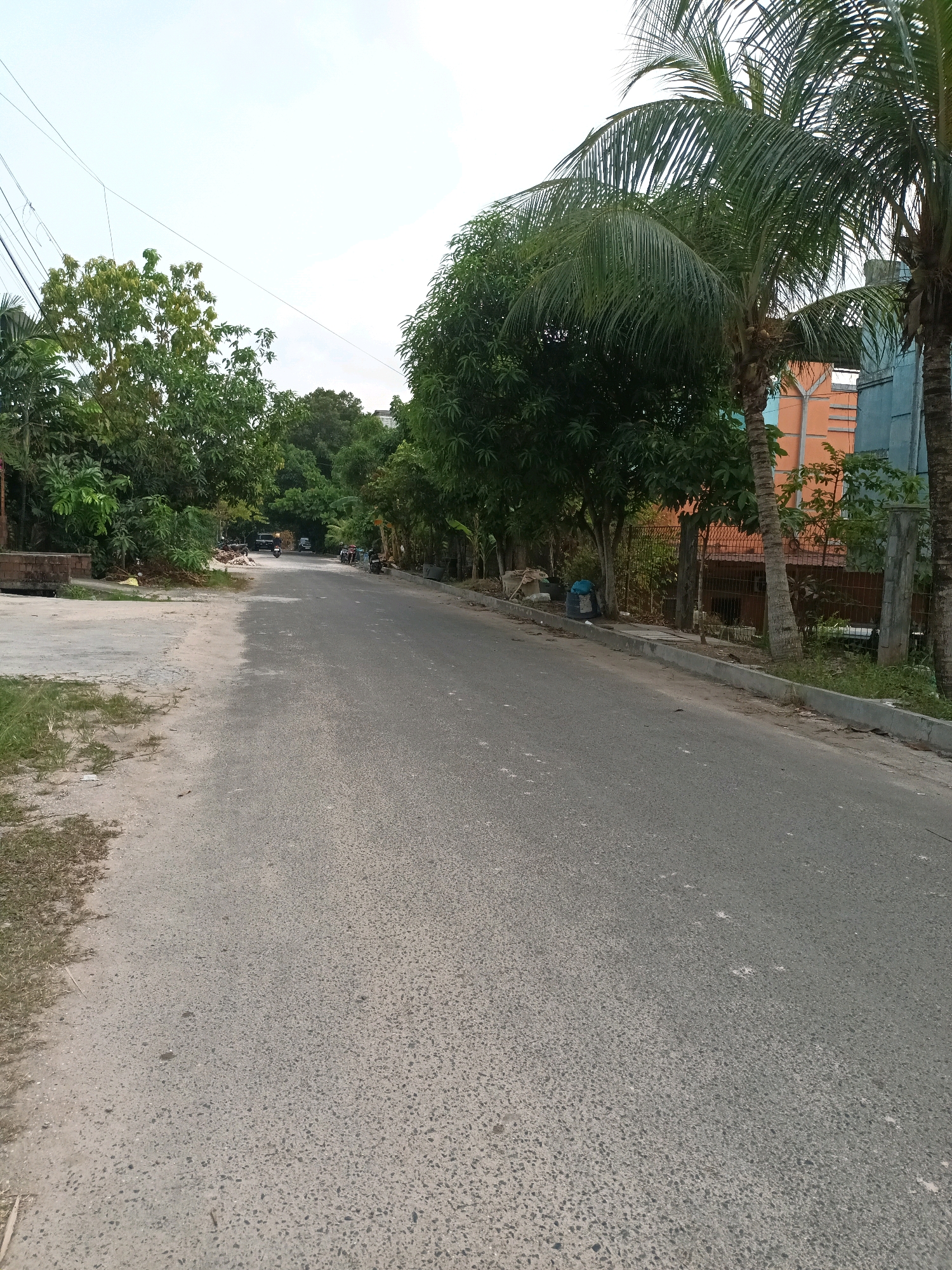 The image depicts a street scene in Batam, Indonesia. The asphalt road runs from the foreground into the distance, bordered by a sandy and grassy shoulder on the left and a raised concrete curb and a fence on the right. Dense green foliage from various trees and palm trees lines the right side of the road. In the background, buildings with orange and blue facades are visible behind the fence, interspersed with more trees. Several motorcycles and a car are parked or driving on the road, and a blue tarp-covered object, possibly refuse, is situated on the right side of the road near the curb. The sky is overcast.