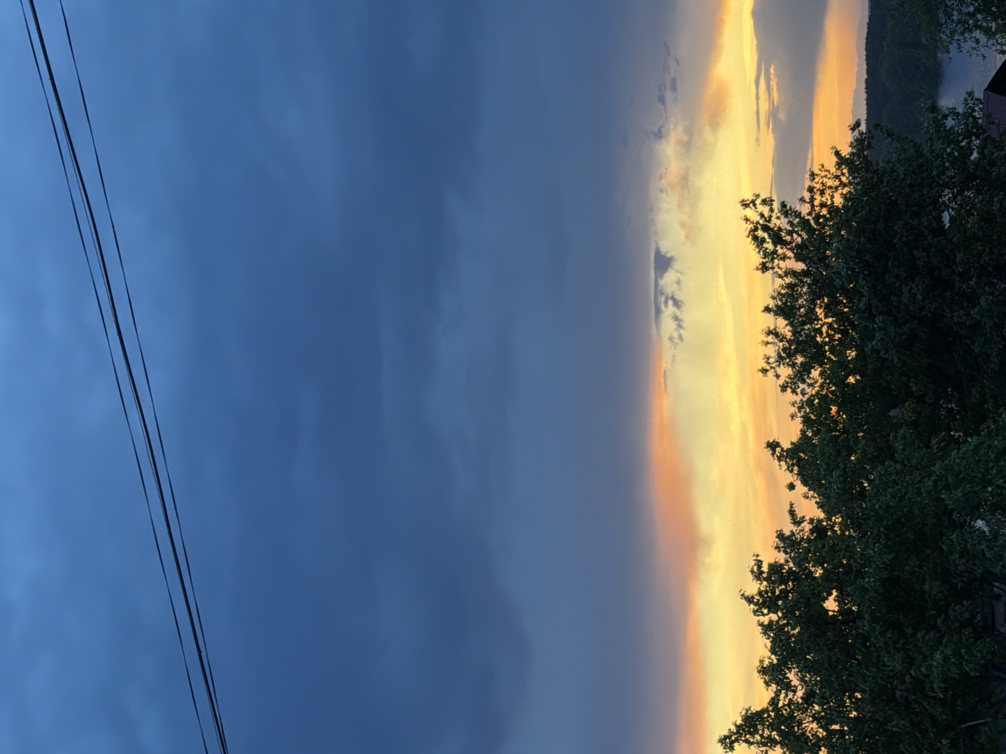 The image presents a twilight scene, potentially in the city of Chaikovsky, Russia (as specified). Dark blue clouds dominate the left side of the frame, juxtaposed with a vibrant orange and yellow sunset illuminating the right. In the foreground, the outline of a leafy tree is visible, with the leaves appearing dark against the bright sky. Two parallel electrical wires run diagonally across the upper left portion of the image. The horizon is partially obscured by trees.