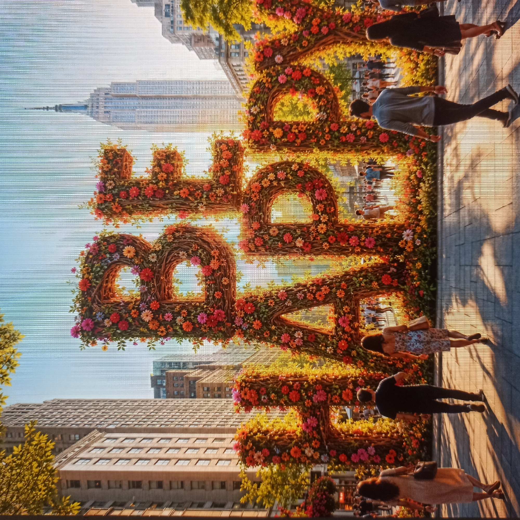 A large floral installation spelling "BE HAPPY" is situated in a city square, with tall buildings and trees in the background. The "BE" is in the upper part of the image and the "HAPPY" is below it. The letters are intricately decorated with colorful flowers. Several people are walking on a paved walkway in front of the installation. The lighting suggests it is daytime, with sunlight casting shadows on the ground. The Empire State Building is visible in the background, indicating the location is New York City, not Nizhny Novgorod, Russia.