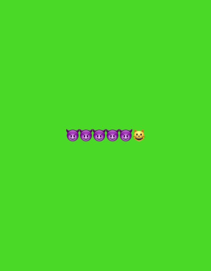 The image displays a bright green background with a horizontal line of emojis centered near the bottom. There are five purple devil face emojis followed by one orange cat face emoji. The image does not depict any elements or provide any information that would allow for its localization in the city of Gorzow, Poland.