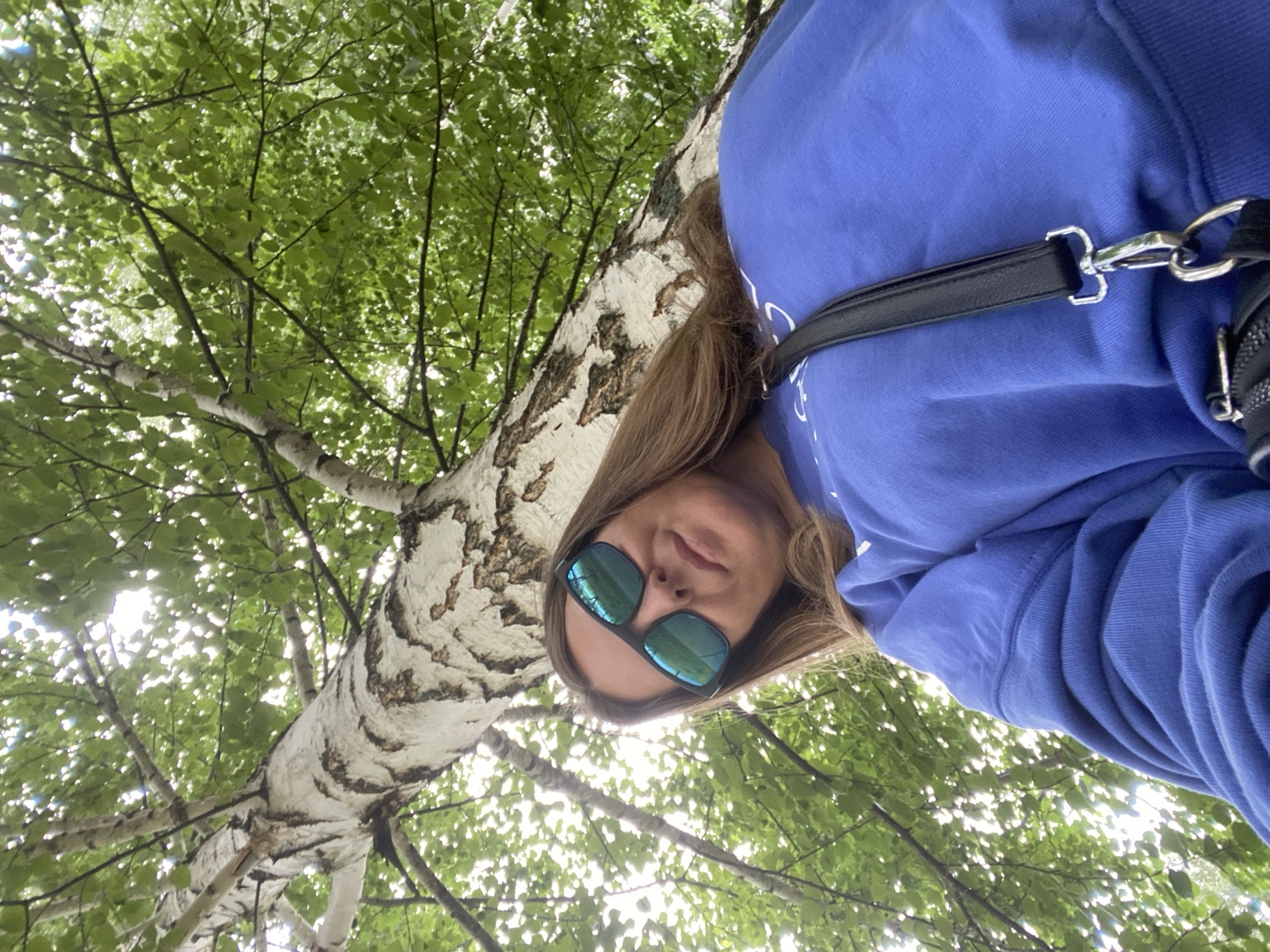 A low-angle, waist-up shot captures a woman from the chest up as she stands outdoors near a birch tree. The woman, facing the camera, wears a blue sweatshirt and blue-tinted sunglasses. A black purse strap crosses her chest. The birch tree's white, patchy bark is prominent, with its branches and green leaves filling the upper portion of the frame, suggesting a natural, outdoor setting. The lighting indicates it is daytime, with sunlight filtering through the leaves. The location is identified as Noviy, Russia.
