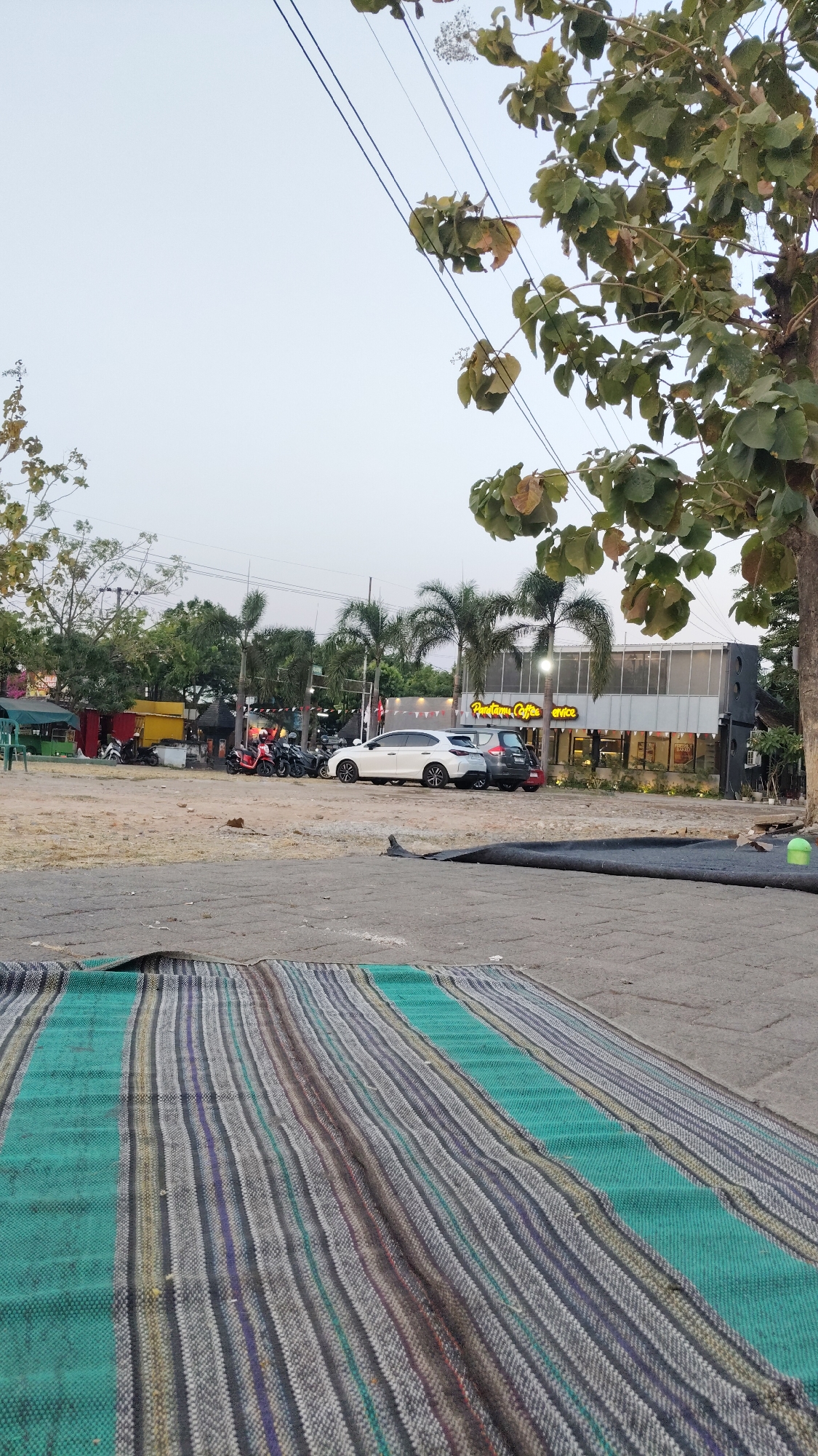 The image captures an outdoor scene in Madiun, Indonesia, likely in the late afternoon or early evening. In the foreground, a striped woven mat with prominent green bands is laid out on a paved surface, suggesting a casual gathering or seating area. Beyond the mat, a gravelly, uneven ground stretches towards a row of buildings.
Several vehicles are parked on this ground. A white sedan and a darker SUV are positioned in front of a modern-looking building with large glass windows. This building features a prominent yellow sign with Indonesian text that reads "Pantaimu Coffee" and "OFFICE". The architecture suggests a commercial establishment, likely a cafe or restaurant.
To the left of the main building, there are smaller stalls or shops with colorful awnings, including a red and yellow structure. A row of motorcycles is parked in front of these stalls. Palm trees and other lush green foliage are visible throughout the scene, indicating a tropical or subtropical climate. Overhead, power lines crisscross against a pale, overcast sky, and the branches of a large tree with broad green leaves extend into the frame from the right side. The overall impression is a bustling, informal commercial area where people gather to eat and socialize.