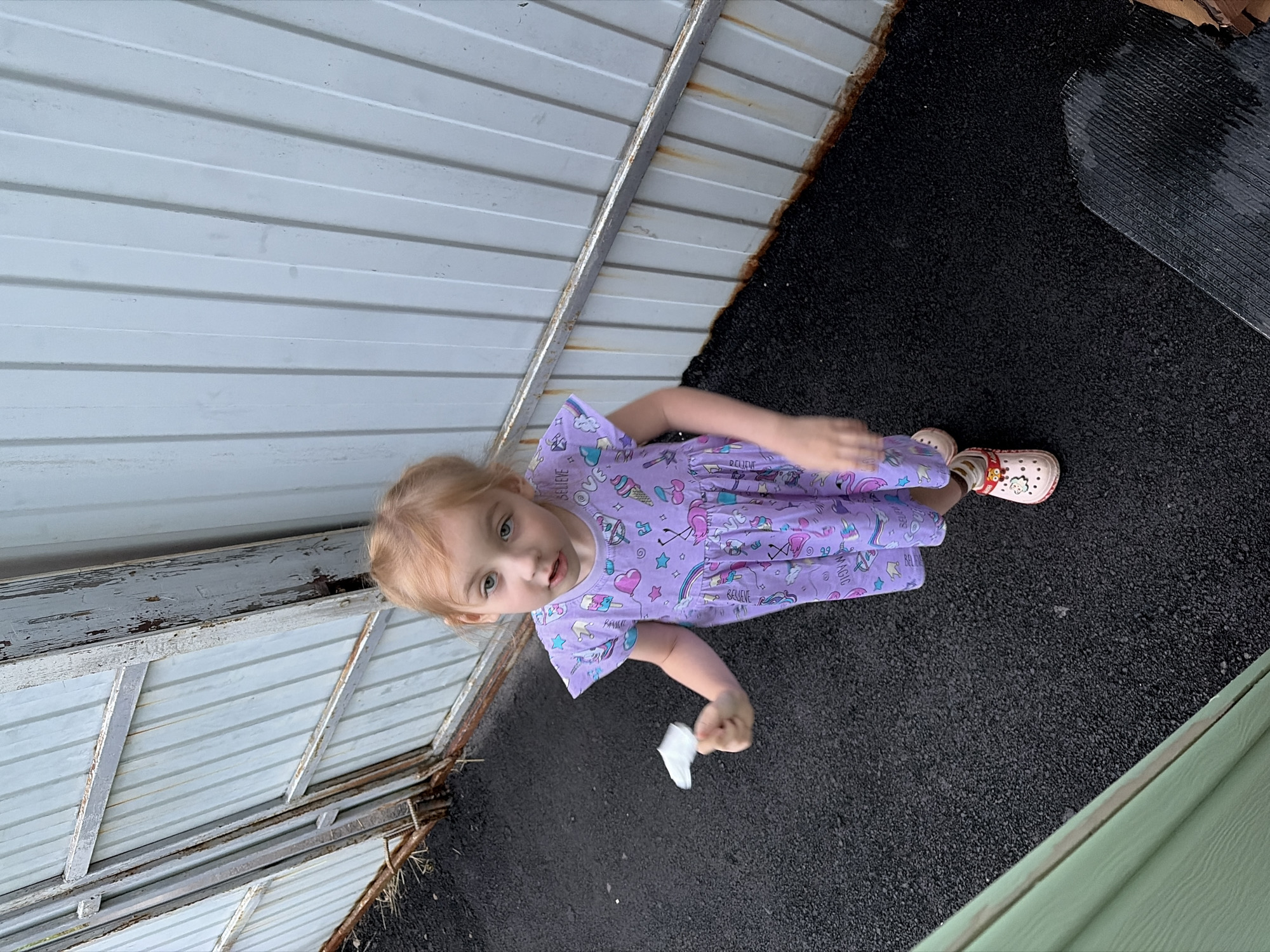 In the city of Tambov, Russia, a young Caucasian girl with blonde hair and blue eyes stands on an asphalt surface, holding a small white object in her right hand. She is wearing a light purple, short-sleeved dress adorned with various colorful patterns including flamingos, ice cream cones, and the word "BELIEVE". Her footwear consists of light-colored slip-on shoes with red accents and cartoon character embellishments. The background features a corrugated metal wall, weathered and showing signs of rust along its lower edge, and a section of a light green wooden structure on the left. The lighting suggests an outdoor daytime setting, possibly overcast, as indicated by the even illumination and lack of harsh shadows.