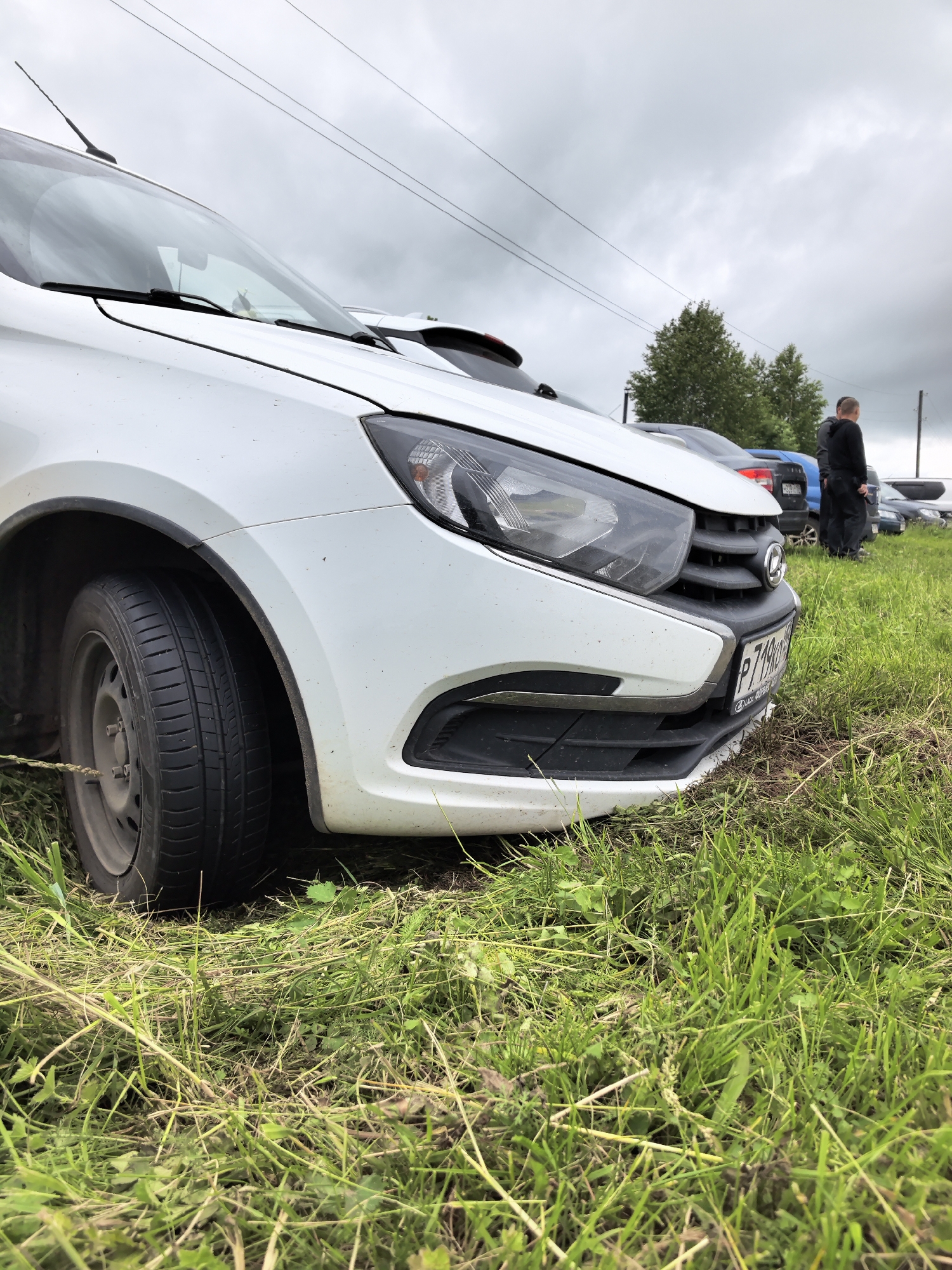 The scene is set outdoors under an overcast, cloudy sky, depicting what appears to be an informal parking area in an unknown city within Russia, based on the visible license plate and vehicle make.
In the immediate foreground and left-center, a white LADA vehicle is parked on an unkempt grassy surface. The vehicle's front left quarter is prominently featured from a low-angle perspective. The white paintwork shows signs of dirt accumulation. The front left wheel, equipped with a steel rim and a tire exhibiting visible tread patterns, is partially embedded in the grass, which appears flattened and disturbed around it. The vehicle's front bumper, grille with a prominent LADA emblem, and the left headlight assembly are clearly visible. A Russian license plate, "P719XK" followed by a partially obscured regional code (e.g., "199" or similar), is affixed to the bumper. An antenna protrudes from the roofline, visible against the sky, and part of the windshield with a single wiper is also discernible.
In the midground, towards the right, two men are standing, facing away from the camera. One man is dressed in a black hoodie. Behind the foreground vehicle, several other cars are parked, including a blue SUV or crossover, with its rear section visible. A line of green deciduous trees forms a backdrop in the mid-background. Overhead power lines are stretched across the cloudy sky. The ground consists of tall, verdant grass, intermixed with some areas of flattened vegetation and exposed soil.