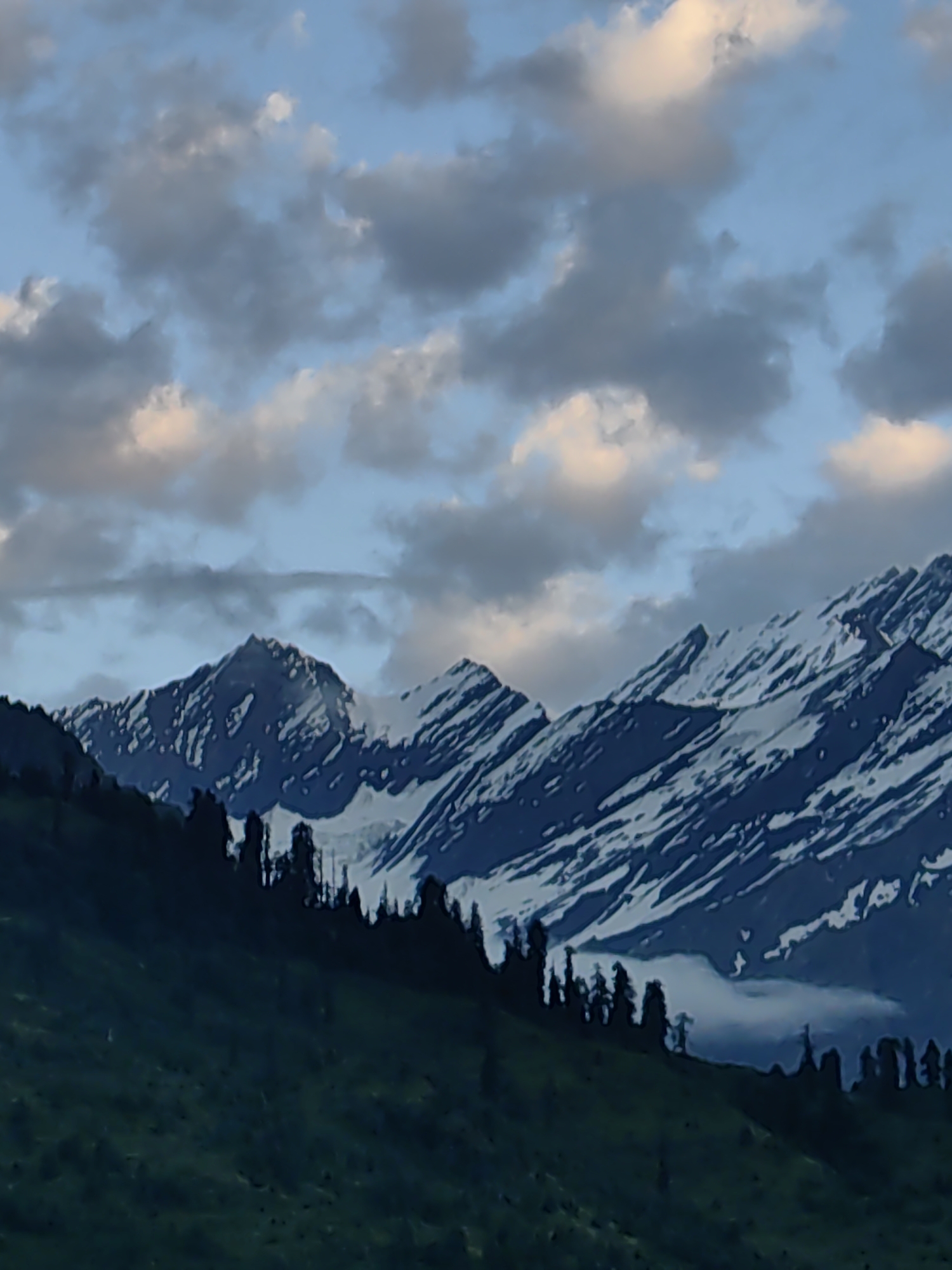 The image depicts a mountain landscape. In the foreground, a dark green, sloping hillside is covered in vegetation and dotted with scattered trees. The middle ground features a range of snow-capped mountains with sharp, rocky peaks and visible patches of snow and ice. The background is dominated by a cloudy sky in shades of blue, gray, and white, with hints of pink. The overall scene is natural and mountainous, suggesting an outdoor environment. The location of Vashisht, India, is mentioned, which is known for its mountainous terrain and hot springs.