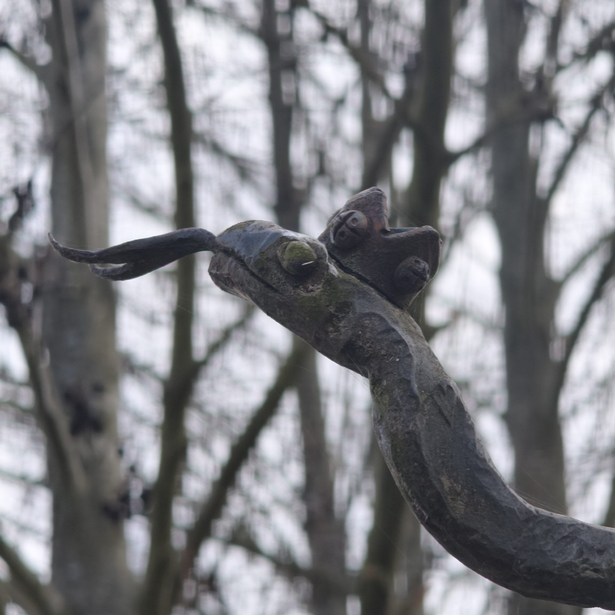A close-up photograph shows a weathered, dark-colored, possibly bronze or metal sculpture of a dragon. The sculpture is positioned against a blurred backdrop of bare trees. The dragon head features stylized eyes and nostrils. The sculpture is in the city of Капцёўскі сельскі Савет, Belarus.