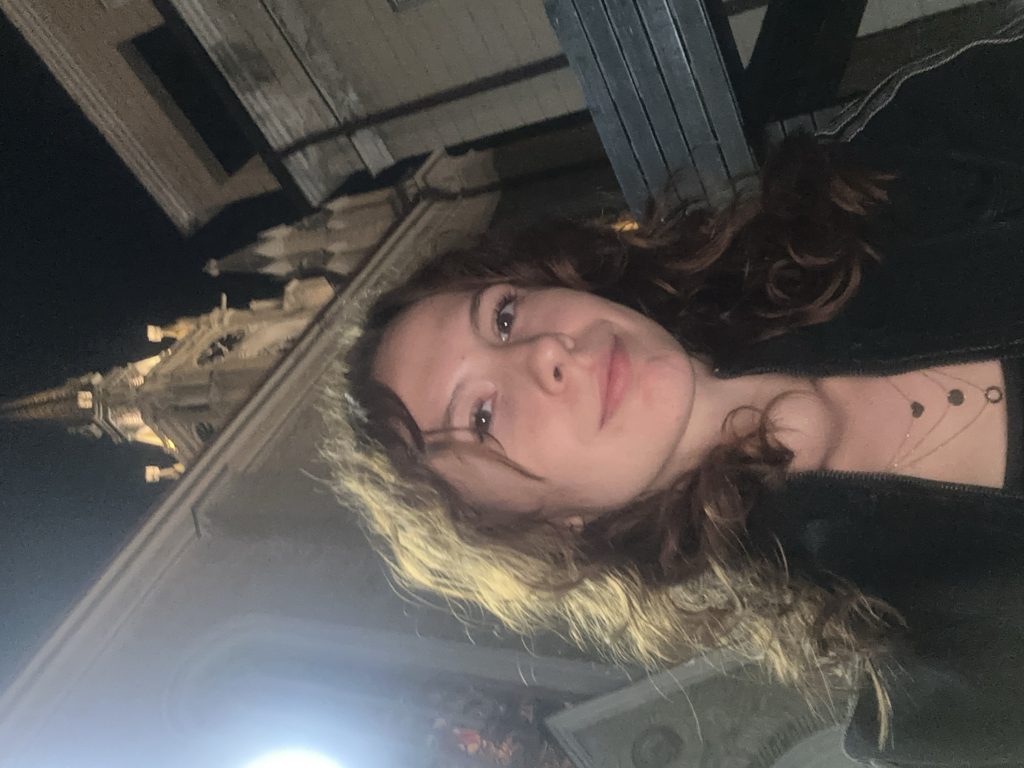 A selfie taken at night, featuring a young woman with light brown hair and fair skin. She is wearing a dark jacket and several necklaces. In the background, a building with a lit clock tower can be seen. The photo appears to be taken in Novi Sad, Serbia, likely near Trg Slobode, the main square. The woman is looking at the camera. There are steel rails above her.