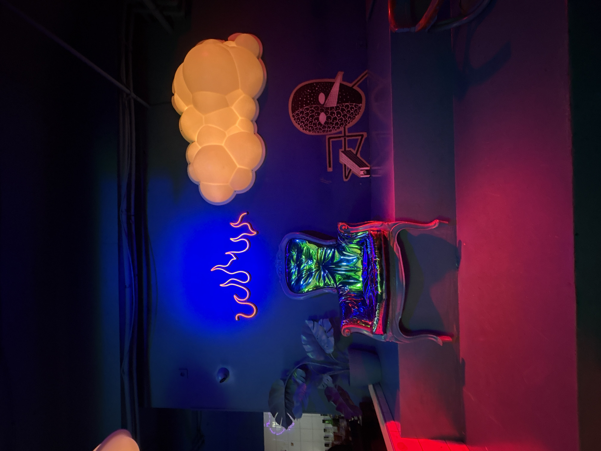 The image shows an interior space with a blue wall illuminated by neon lights and a pink wall on the right. There is a decorative cloud-shaped light fixture on the wall, along with a graphic design resembling a scientific instrument. A neon orange light in a flame shape is present. A chair with a reflective green and silver material is positioned against the wall. A potted plant with large leaves is partially visible at the bottom. The location is Sofia, Bulgaria.