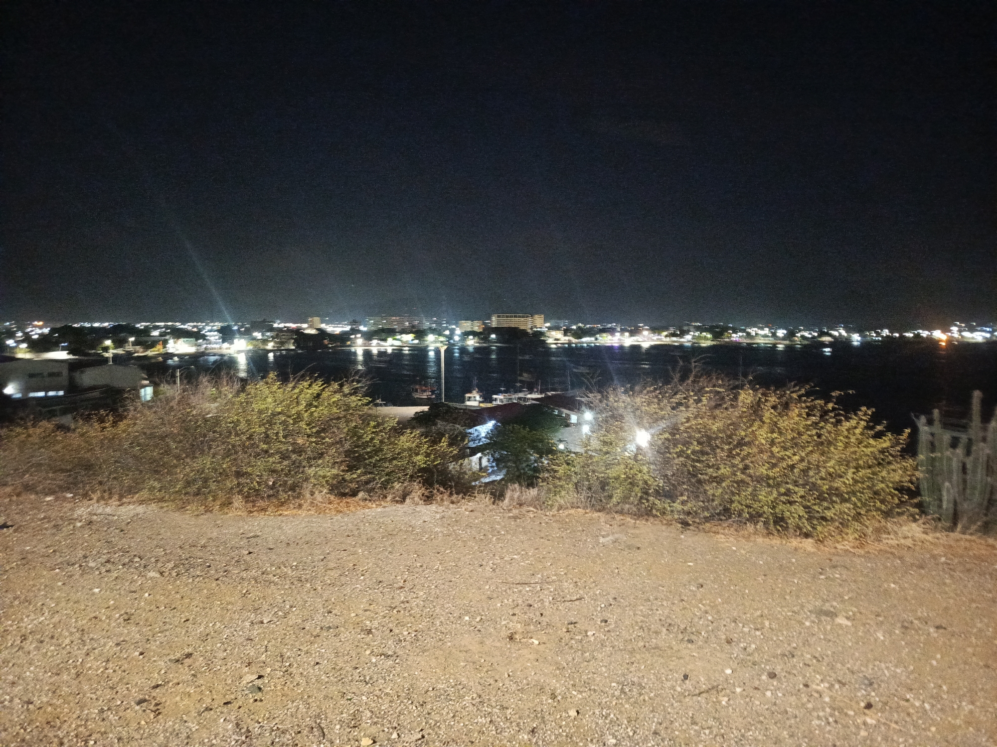 The image depicts a nighttime view of Juan Griego, Venezuela, from an elevated position. The foreground consists of a dirt ground leading to some bushes. Beyond the bushes, the bay of Juan Griego is visible. Lights from the town reflect in the water. In the distance, the silhouette of the city, defined by its lights, stretches along the horizon against the dark night sky.