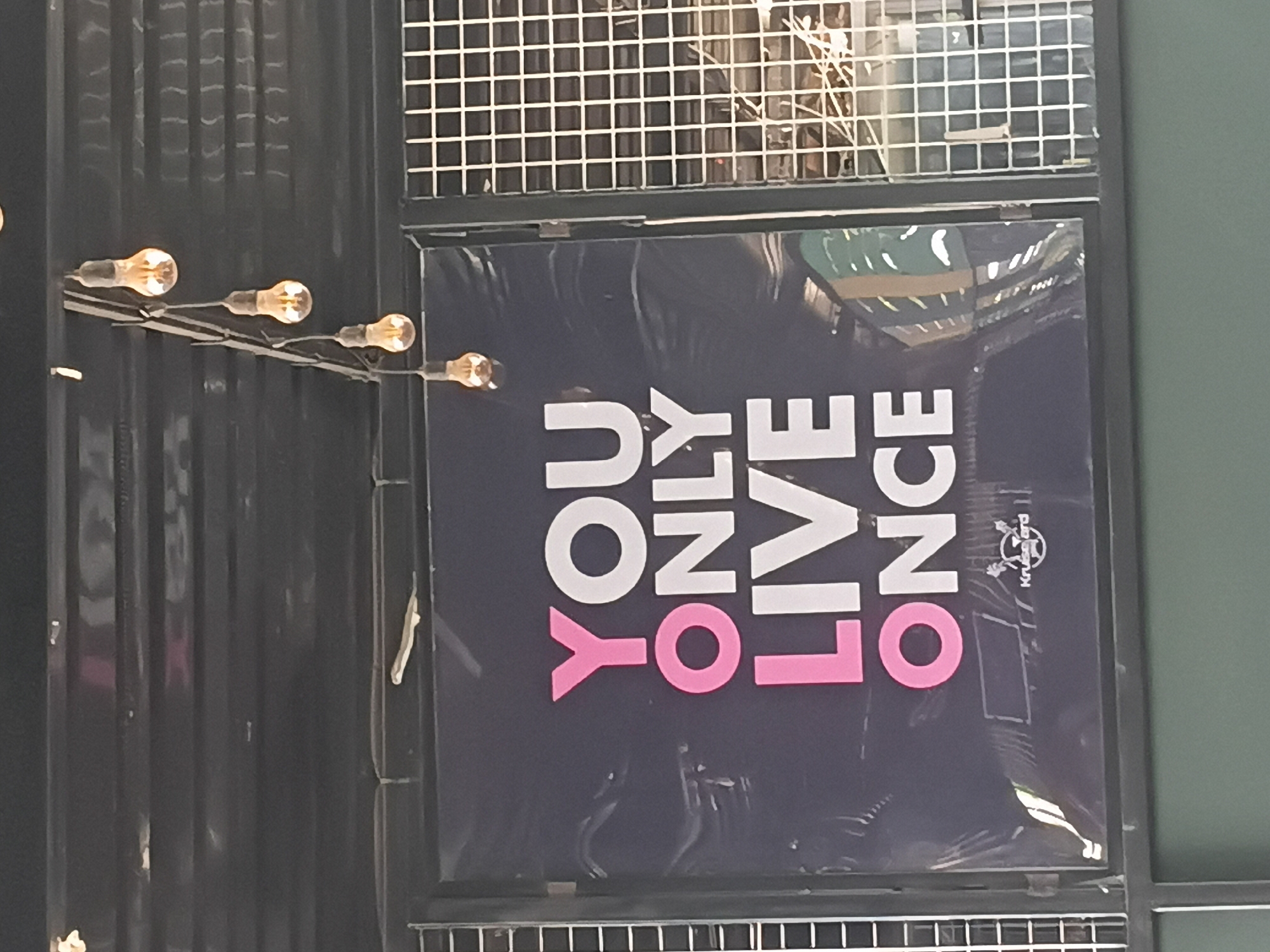 A sign that reads "YOU ONLY LIVE ONCE" is visible in the image. The words "YOU" and "LIVE" are in white, while "ONLY" and "ONCE" are in pink. The sign is fixed on a dark structure and has a wire mesh above and below it. A string of lights is hung to the left. The background is blurred, and the exact location in the city of Gura Top, Nigeria cannot be determined from the image.