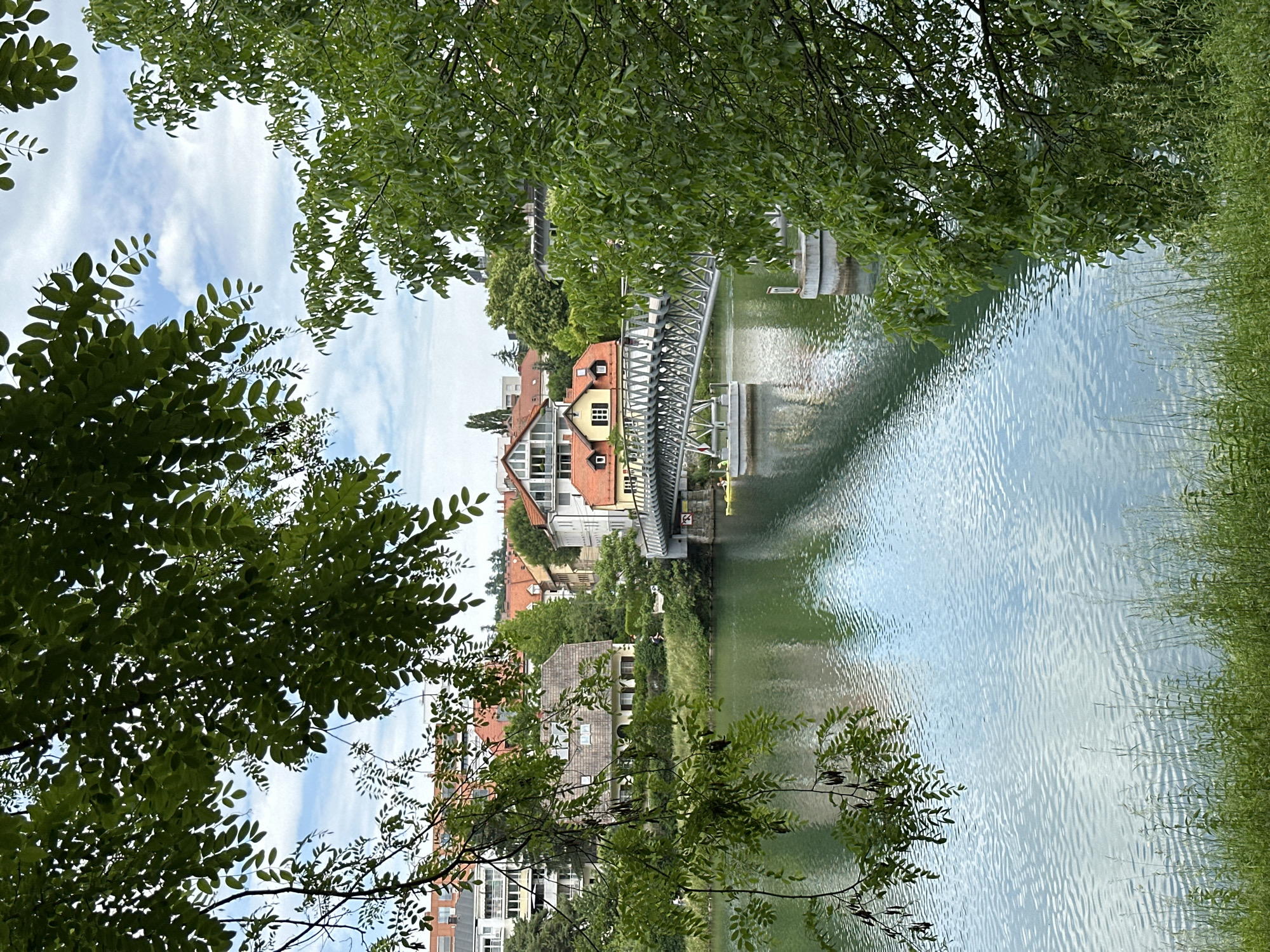 The image depicts a view of the Drava River in Maribor, Slovenia, from a partially obscured vantage point through tree foliage. A steel footbridge spans the river, connecting the banks. The river's surface is rippled, reflecting the sky and surrounding buildings. Residential buildings with orange-tiled roofs line the riverbank. Green vegetation is prominent along the river's edge. Two people are standing on the bridge. The sky is visible through gaps in the trees, displaying a mix of blue and white clouds.