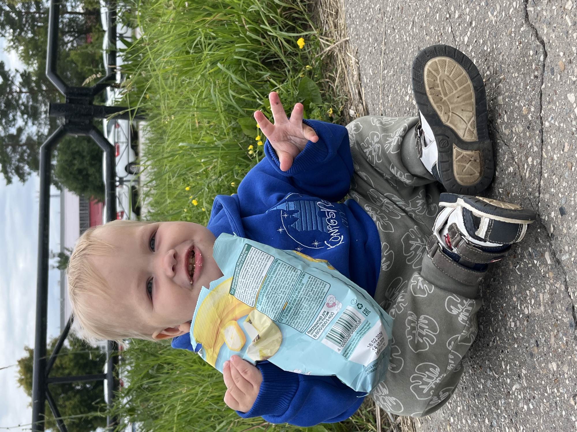 In this outdoor, eye-level, vertical shot taken in Chaikovsky, Russia, a fair-haired toddler with blue eyes is the central subject. The child, wearing a bright blue hooded sweatshirt and green pants with a white leaf pattern, is sitting on a concrete surface, likely a sidewalk or path. The toddler is holding a light blue bag of what appears to be baby cereal or snack puffs, with an image of sliced apples on it. Crumbs are visible around the child's mouth, suggesting they are actively eating from the bag.
To the left of the child, a black metal fence and lush green grass with small yellow flowers are visible, with trees and possibly buildings in the background. To the right, the concrete ground is cracked and textured, and the toddler's shoes are prominent. One shoe, a dark-colored sneaker with white accents, is particularly visible with its sole facing upwards.
The scene suggests a casual outdoor setting, possibly a park or a quiet street. The toddler appears happy and engaged, with a slight smile and bright eyes. The lighting suggests it is daytime, though the sky appears overcast.
Visible text on the snack bag includes Cyrillic and possibly other languages, indicating it's a product for the Russian market. Some text includes "КУКУРУЗНЫЕ СЯБЛОК" (corn flakes), "С ЯБЛОКОМ И БАНАНОМ" (with apple and banana), a toll-free number "8-800-200-1-400", a barcode, and a date "16.02.2025" which is likely an expiration date. Another visible text is "KONIGS CITY" on the hoodie.