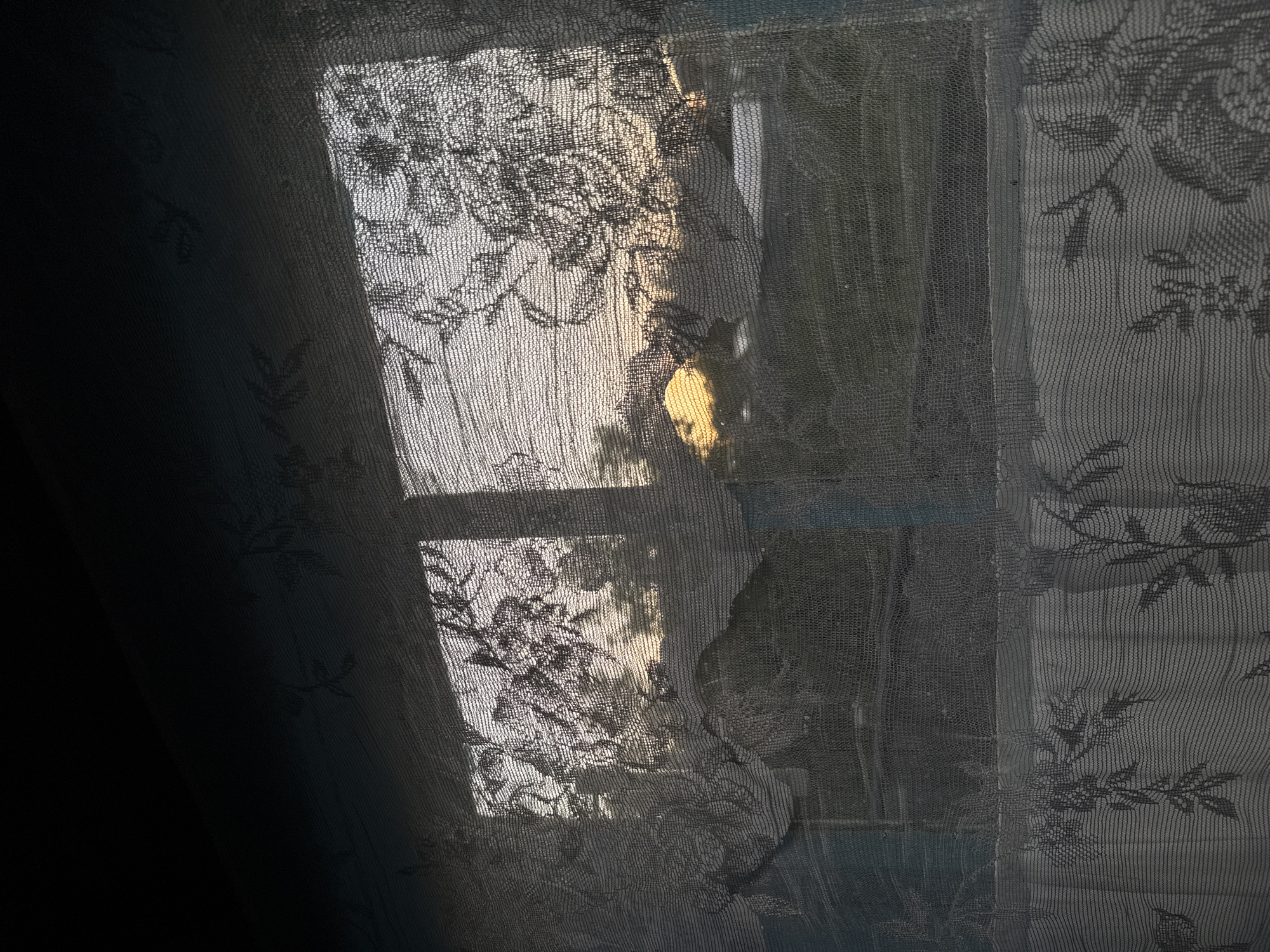 The image captures a view through a lace-patterned sheer curtain of a sunset seen through a window divided into two panes. The curtain, with its floral motif, is the primary foreground element, partially obscuring the scene beyond. Through the slightly hazy and textured fabric of the curtain, one can discern a landscape that appears to be a rural or suburban area. Silhouettes of trees and some low-lying structures are visible against a sky colored with the warm tones of sunset, featuring hues of yellow, orange, and a faint hint of pink. The sun itself is partially visible, a bright, diffused disc low on the horizon. The overall impression is one of a quiet, domestic setting observing the end of the day. No people are visible in the image. The scene is likely located in Sosnovskoye, Russia, given the prompt's context, implying a Russian village or small town environment.