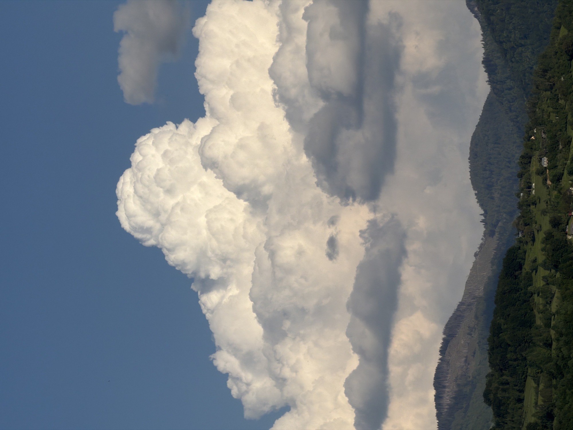 The image shows a view of a large cumulus cloud formation against a blue sky, with forested mountains in the background. The mountains show varying degrees of tree cover, with some areas appearing denser than others. A few buildings are visible amongst the trees on the mountainside. The image location is Mojkovac, Montenegro.