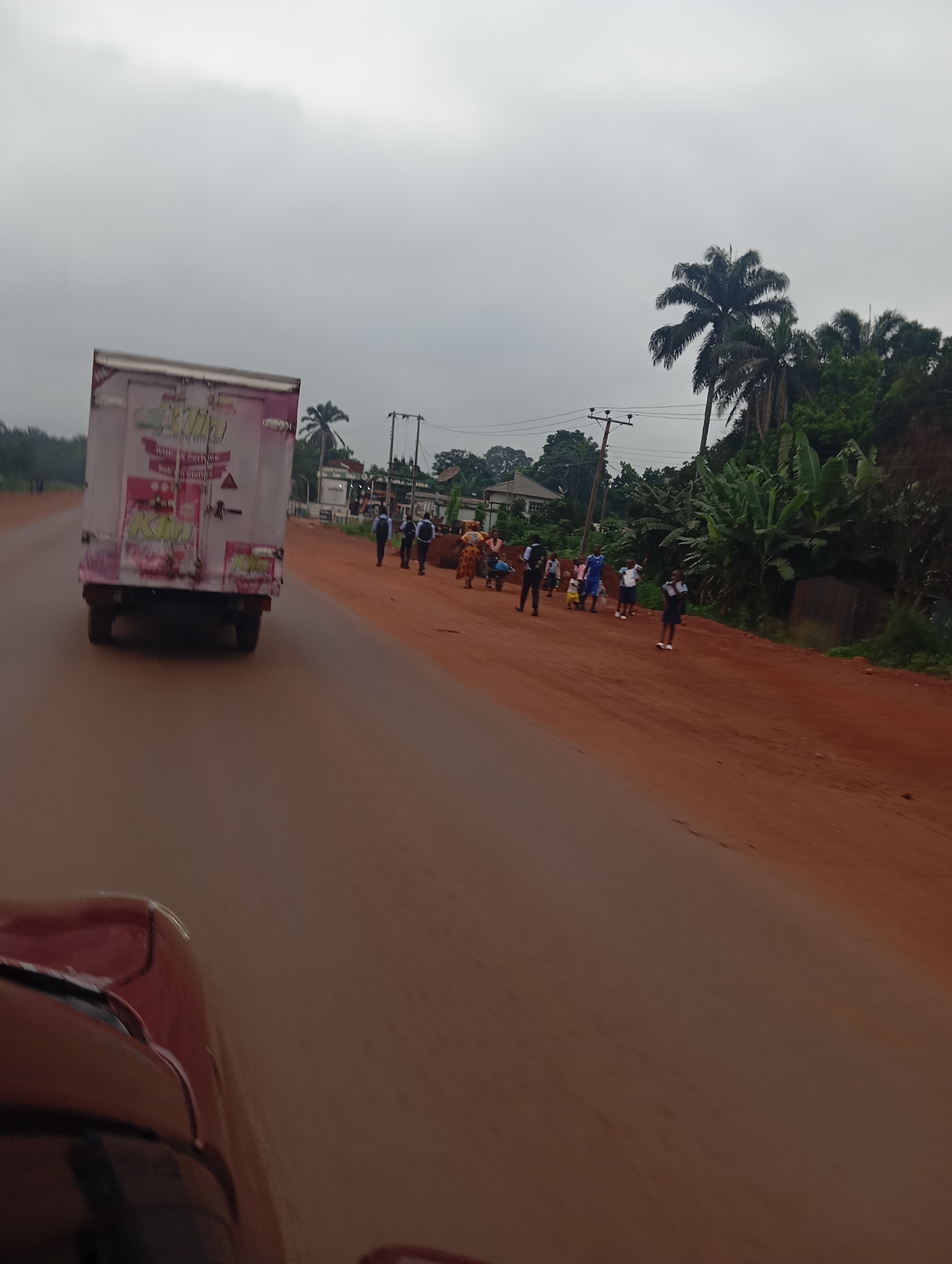 The image depicts a scene on a dirt road in Nsukka, Nigeria, under an overcast sky. A large white truck with pink branding is moving away from the camera on the left side of the road. Several people are walking or standing on the right side of the road. Among them are adults and children, some of whom appear to be wearing school uniforms. The road is reddish-brown, indicating the presence of laterite soil, common in the region. Lush green vegetation, including palm trees and banana plants, lines the right side of the road, with some buildings visible in the background. The foreground shows the hood of a red vehicle, suggesting the photo was taken from a moving car.