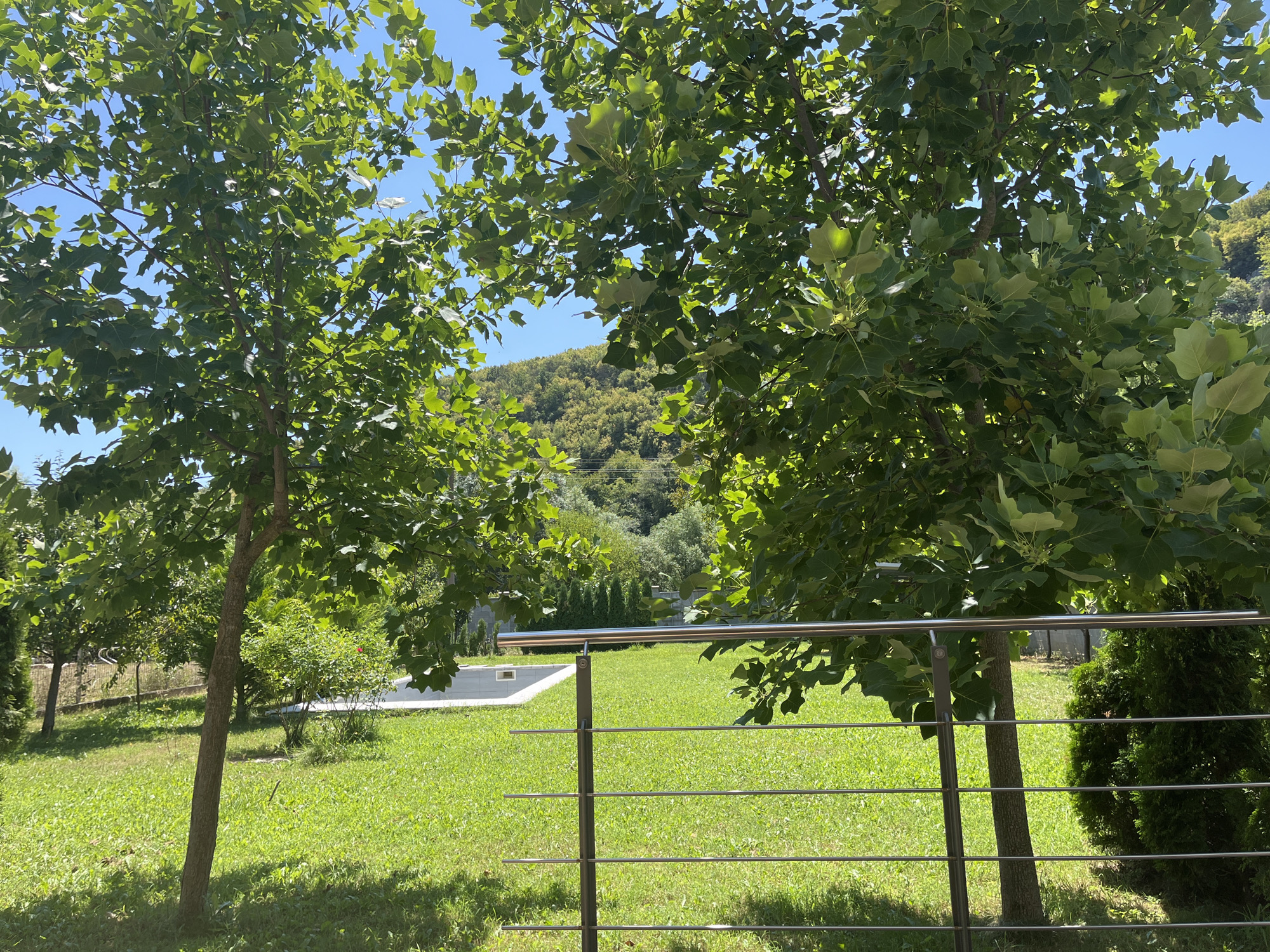 A sunny outdoor scene features a lush green lawn, two trees with vibrant green foliage, and a clear blue sky. In the foreground, a modern metal railing with horizontal bars partially obstructs the view of the lawn and trees. Beyond the lawn, a small white structure, possibly a pool or fountain, is visible, along with more trees and a sloping hillside covered in dense vegetation. The environment suggests a well-maintained outdoor space in a rural or suburban setting.