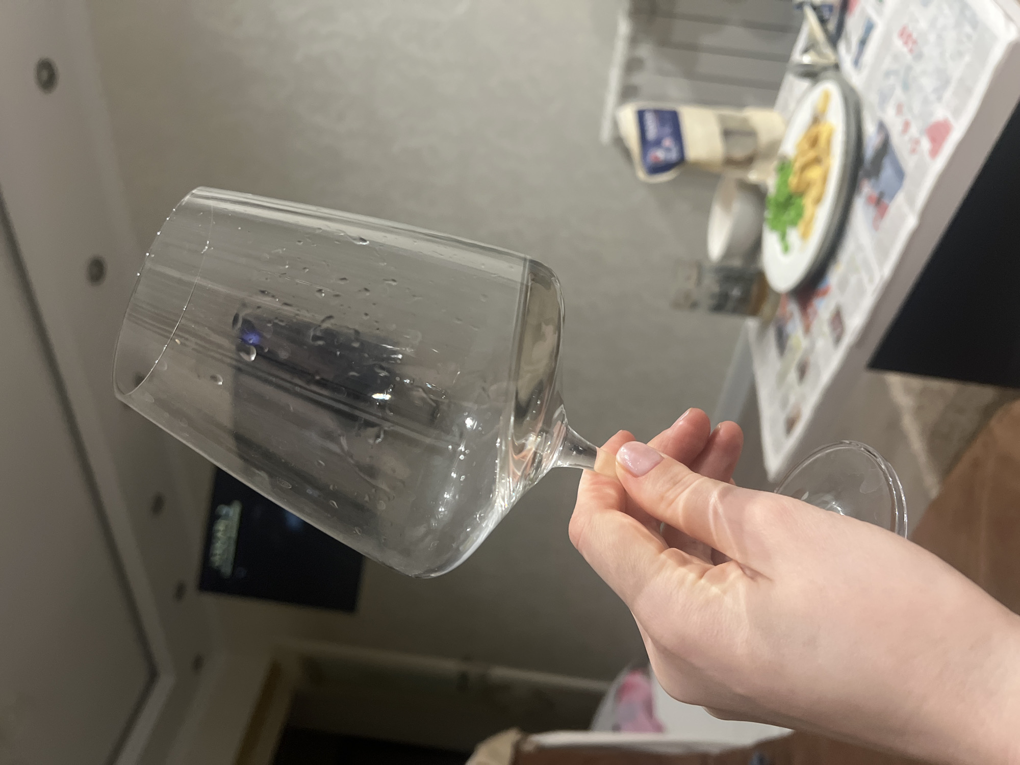 A Caucasian female holds an empty, condensation-covered wine glass by the stem in an indoor setting. In the background, a plate of food rests on newspaper atop a table; a television is mounted on a wall. The location in the city of Khimki, Russia, cannot be determined from this image.