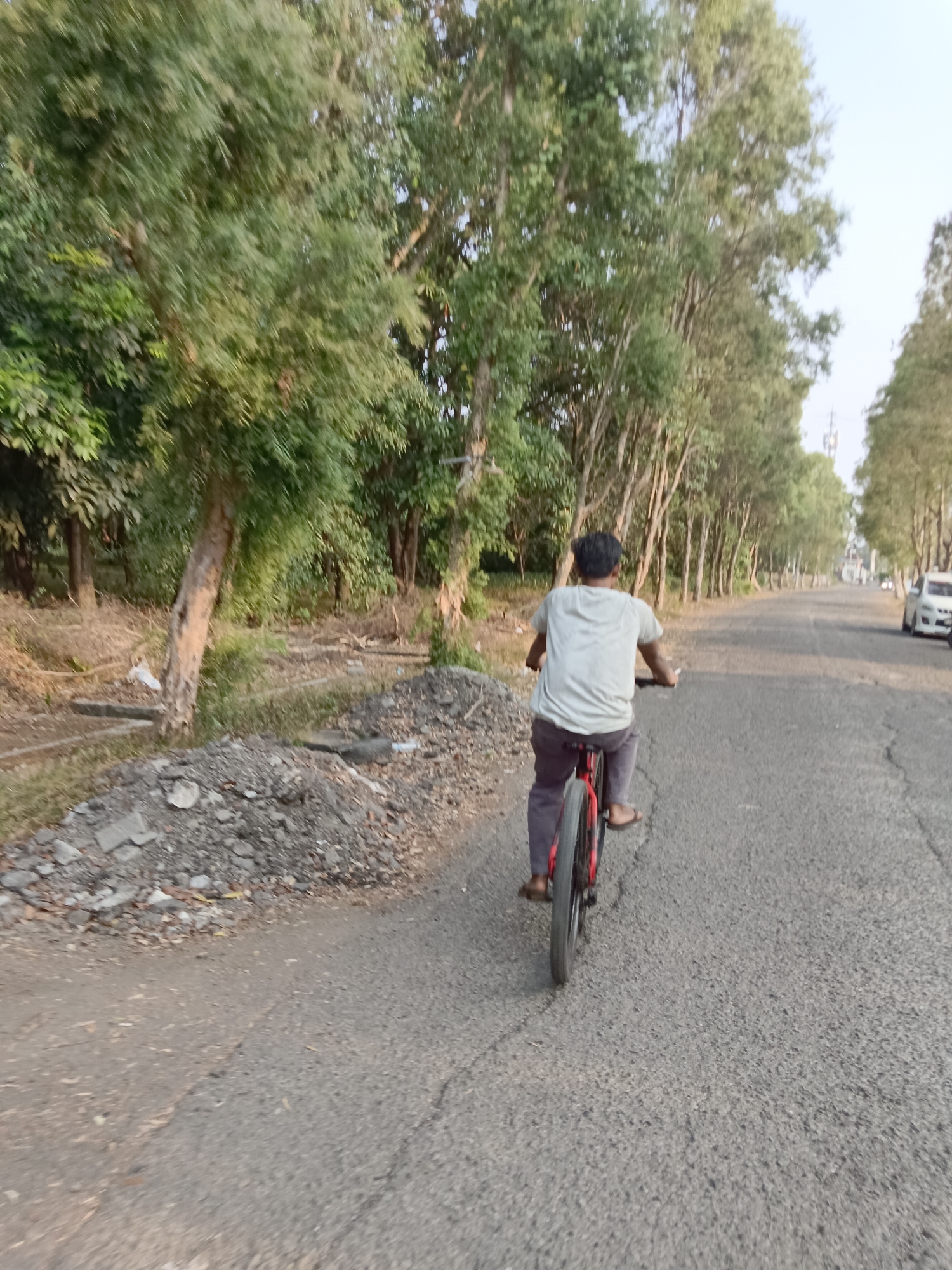 A person is riding a red bicycle on a paved road in Sertajaya, Indonesia. The rider is seen from behind, wearing a light-colored t-shirt and dark pants. The road is lined with trees on both sides, with a pile of gravel and debris on the left. In the distance, other trees and a white vehicle are visible. The sky is overcast.