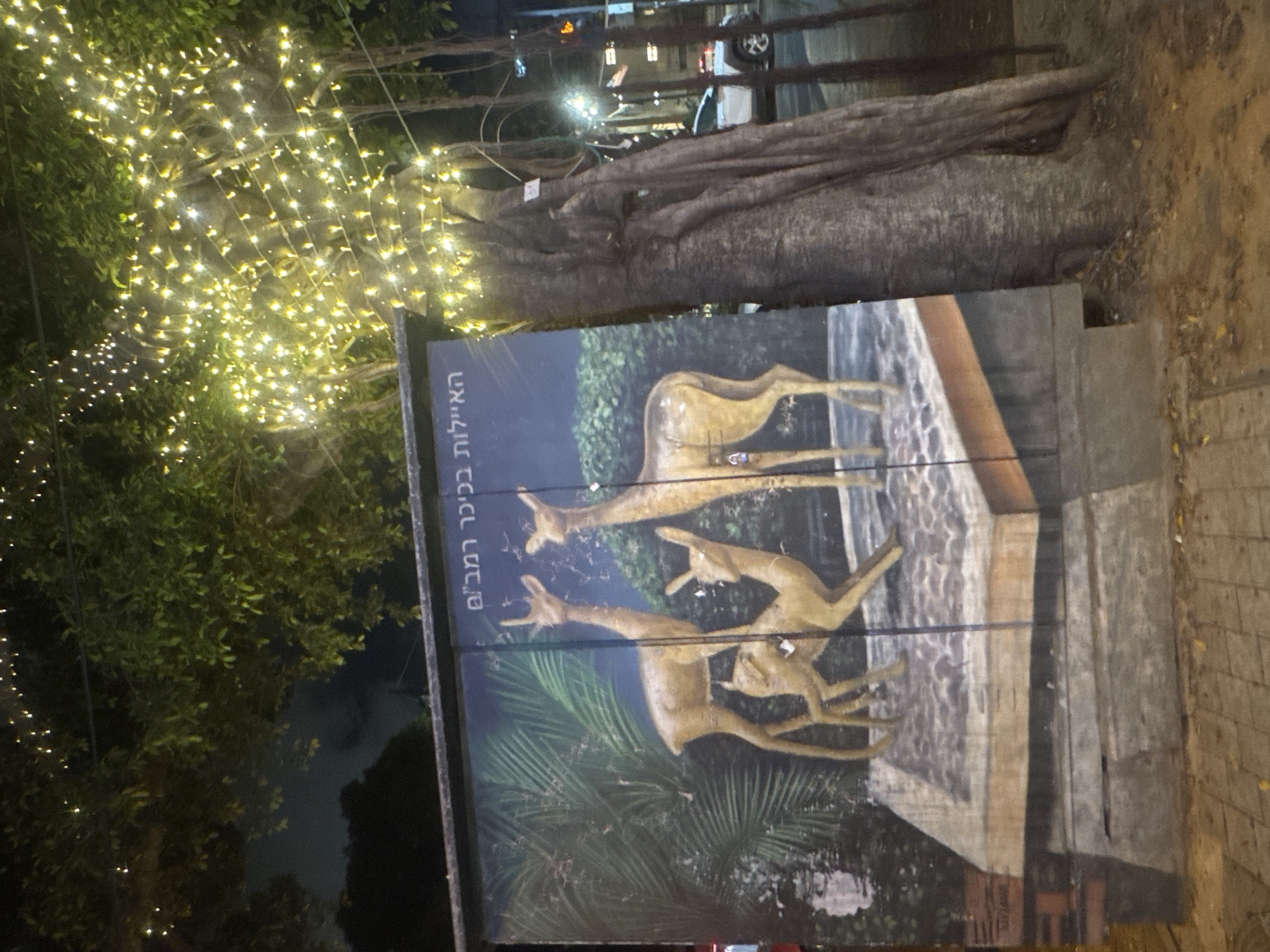 The image shows a sign displaying an image of three giraffes, located in Ramat Gan, Israel. The sign is situated near a large tree, and string lights illuminate the surrounding greenery. The street and a car can be seen in the background.