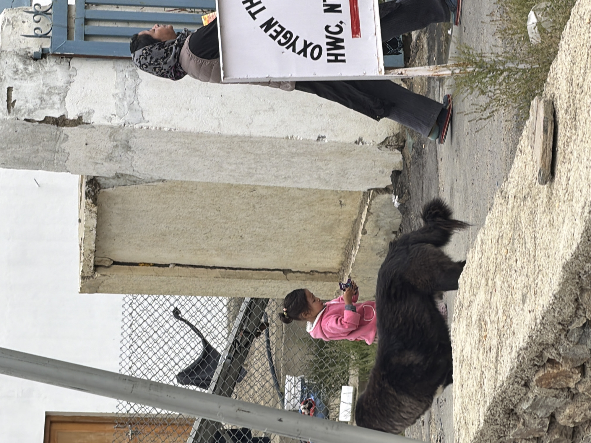 The image depicts an outdoor scene in Karzok, India. A large, dark, shaggy dog stands in the foreground, facing left. Behind the dog, a young girl wearing a pink hooded sweatshirt is holding a small, dark object in her hands. To the right of the girl, a woman wearing a grey and black headscarf and a puffer vest walks away from the camera, partially obscuring a white sign with black text. The sign reads "OXYGEN TH" and below that, "HWC, NT". A chain-link fence is visible in the background, as well as parts of buildings and a blue gate. The ground appears to be paved with asphalt and stone.