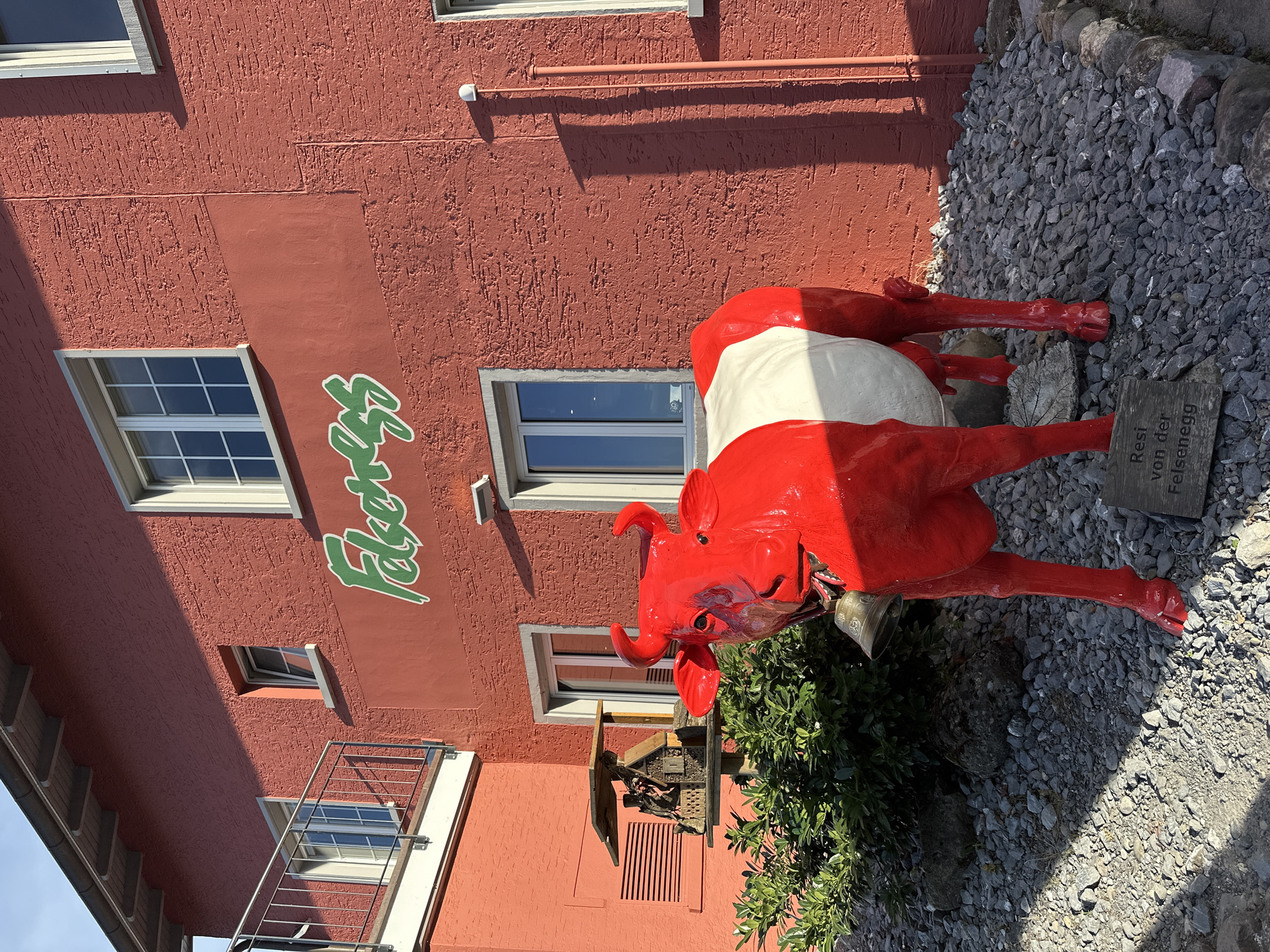 A bright red, stylized cow statue with white patches stands in front of a textured, red building. The cow has a large bell around its neck. A sign at the base of the cow reads "Resi von der Felsenegg". The building has several windows and a green, stylized sign that reads "Felseneck". To the left of the cow, a wooden birdhouse is mounted on a post near a green bush. The ground is covered in gravel and stones. The scene appears to be outdoors, under daylight. The building is located in Stallikon, Switzerland.