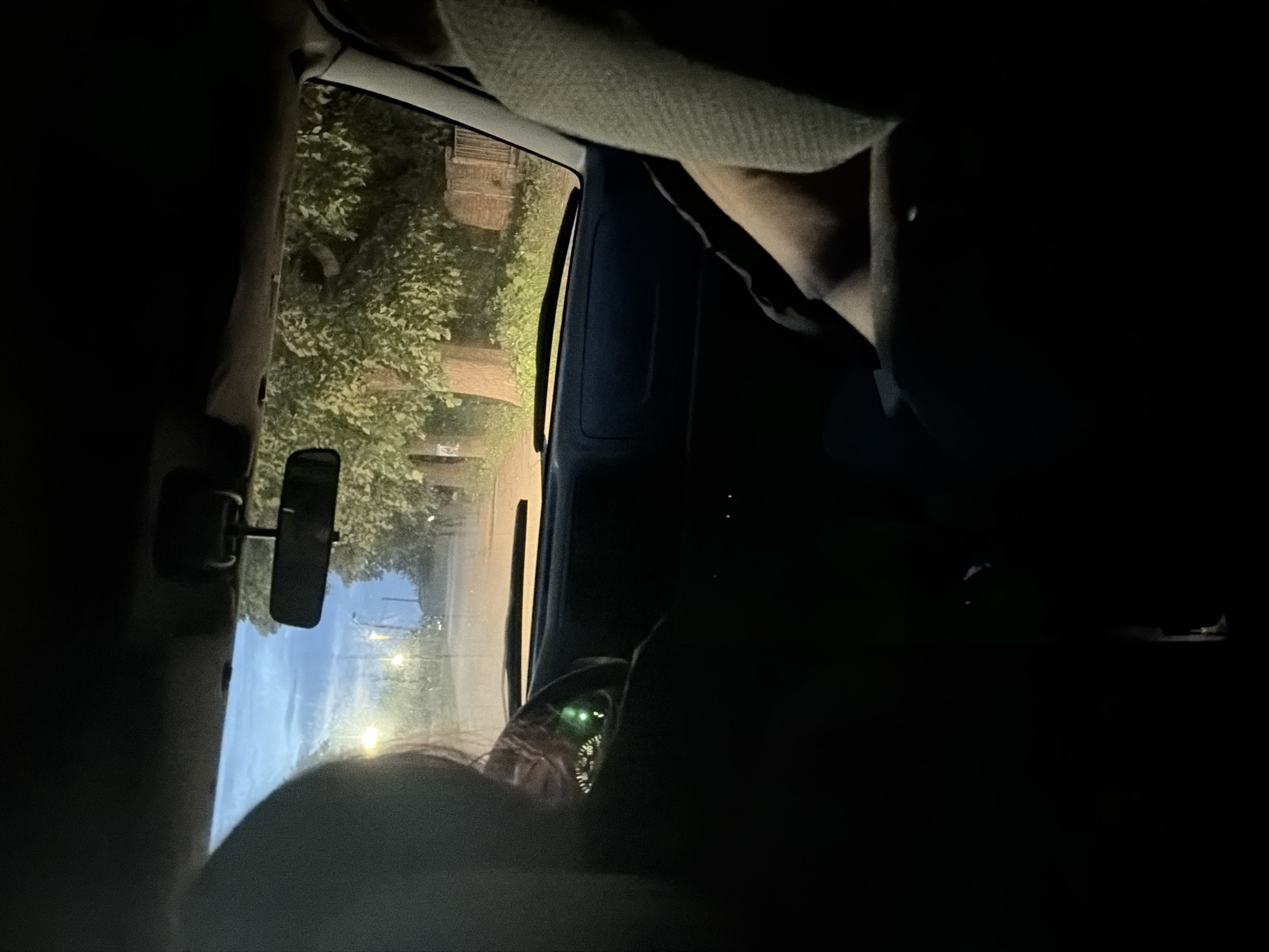 The image depicts the view from within a vehicle at late evening or night in Nova Kamena, Bulgaria, looking forward through the windshield. The car's interior is largely dark. A driver is partially visible in silhouette on the left, with hands on the steering wheel, which is partially illuminated by a green dashboard display. A passenger's arm and the texture of a seat's upholstery are visible on the right. A rearview mirror is centrally positioned above the dashboard. The external scene shows a paved or unpaved road illuminated by multiple streetlights. Trees with illuminated green foliage line both sides of the road. The sky, visible above the tree line, is light blue with cloud formations. In the mid-ground, a faint white marker or sign is present near a tree on the left, and a partially obscured structure with a fence is visible behind trees on the right.