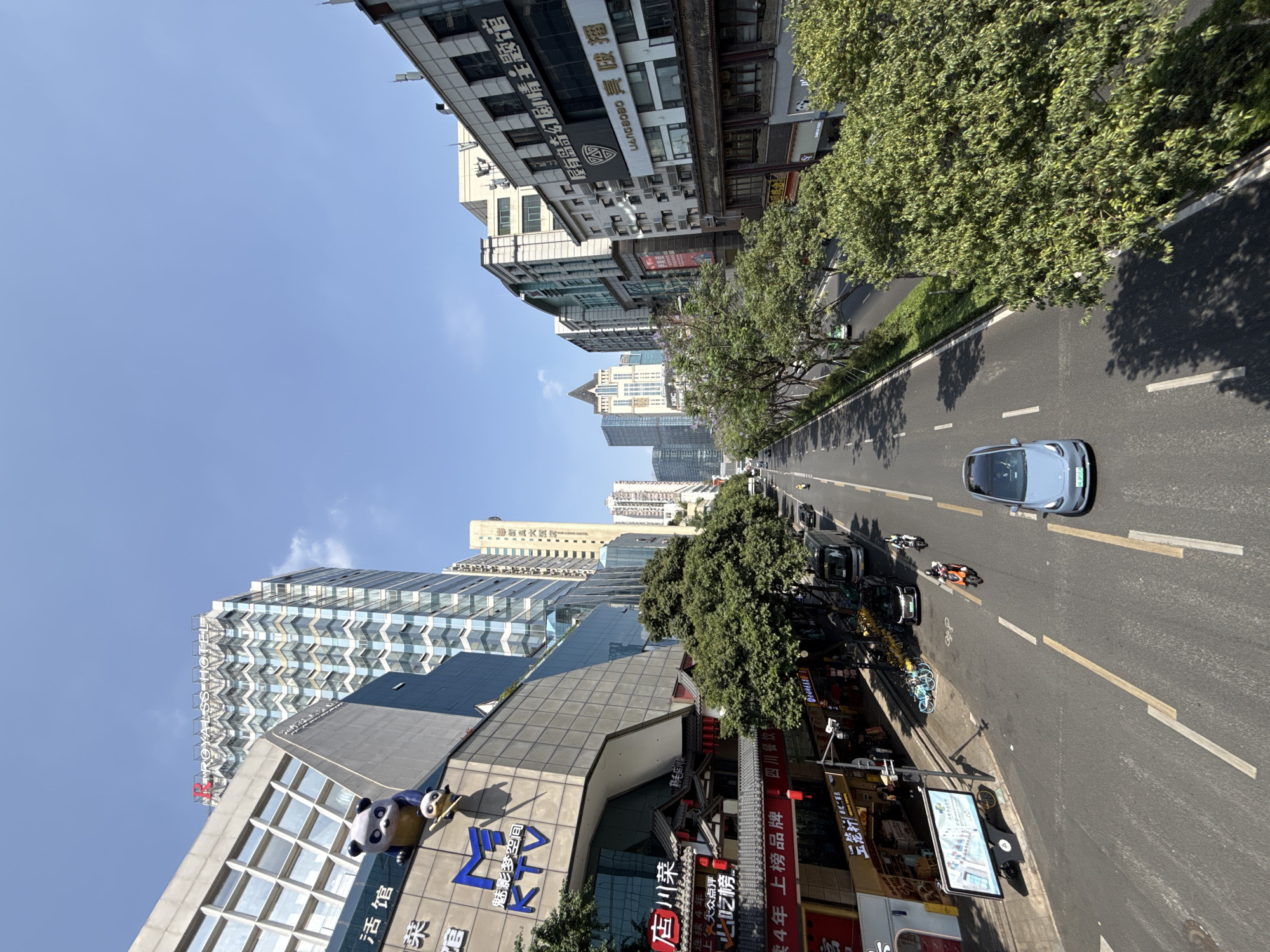 The photograph shows a street scene in Jinjiang District, China, on a clear day. The road is a multi-lane avenue with cars and scooters navigating the lanes. Buildings flank both sides of the street; some are tall skyscrapers while others are shorter commercial buildings with signage in Chinese. Trees line the side of the road, providing shade. A blue car is visible in the middle of the street. Along the sidewalk, businesses and shops are visible, including signage for food establishments and other services. A panda decoration adorns the side of one of the buildings. Bicycles are parked along the sidewalk, indicating an urban environment.