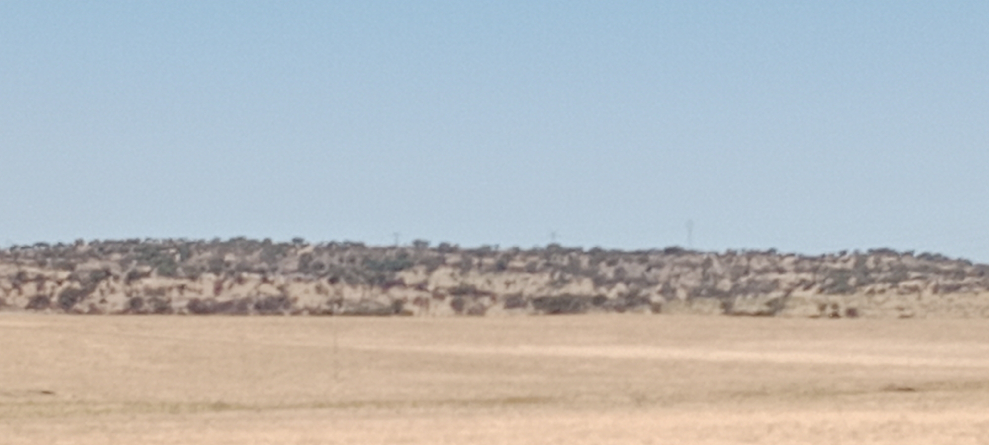 This image depicts a wide, open landscape under a clear blue sky. The foreground consists of a dry, flat, tan-colored field, suggesting arid or semi-arid terrain. In the middle ground, a rolling, elevated landscape is covered with scrubby vegetation, appearing as a textured, variegated band of greens and browns. The distant background is a hazy horizon with a few faint vertical structures that could be utility poles or communication towers. The overall impression is of a rural, natural environment, possibly a plain bordering hills or mountains. The image does not contain any identifiable landmarks or features that would specifically place it within the city of Trujillo, Spain.