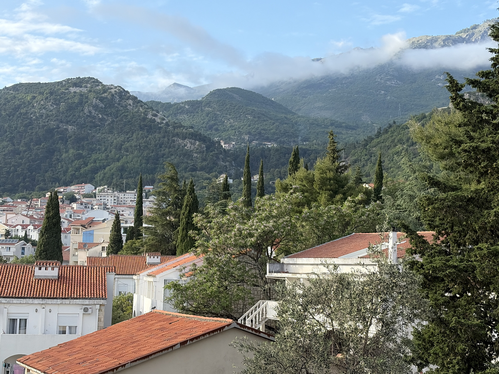 The image presents an elevated view in Budva, Montenegro, looking towards a mountainous landscape. The foreground is filled with buildings featuring red-tiled roofs and white or light-colored facades, interspersed with green trees, including several tall, thin cypress trees.
In the middle ground, a dense array of buildings forms part of the cityscape, blending into the foothills of the mountains.
The background reveals a series of mountains, some obscured by clouds, stretching into the distance. The sky is blue with scattered clouds. No people are visible. The environmental setting suggests a clear, daytime condition.