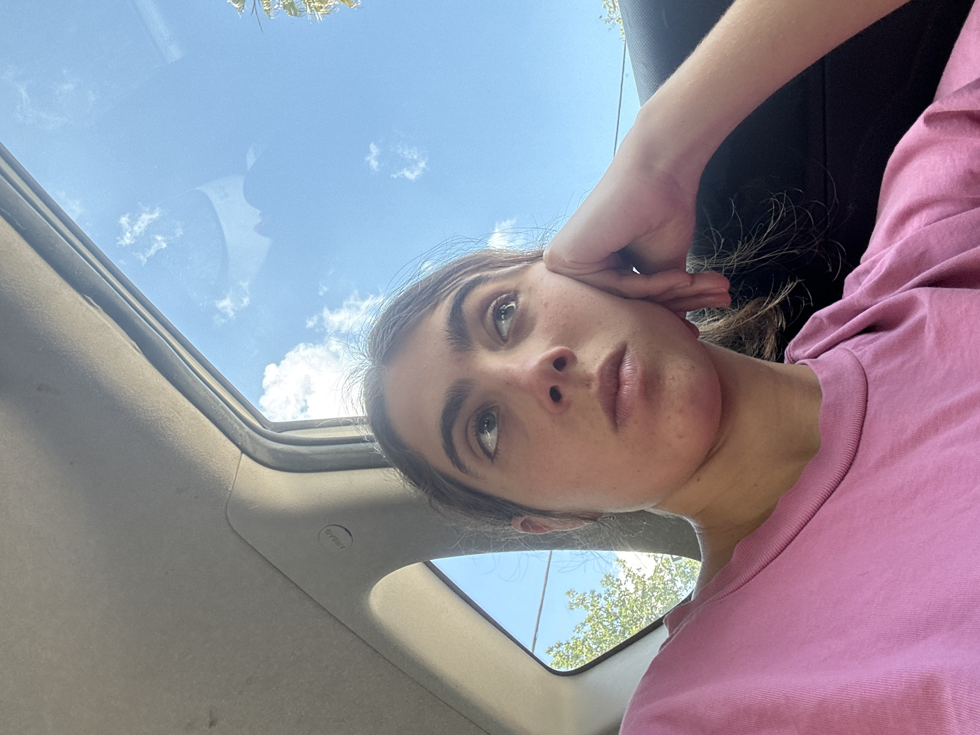 A young person is looking upwards while sitting in a vehicle. The person is wearing a pink shirt and has their hand touching their face. Above them is a sunroof through which a blue sky with some clouds and tree branches can be seen. The interior of the vehicle is visible, including the headliner and parts of the seats. The location is most likely Alona Regional Council, Israel.