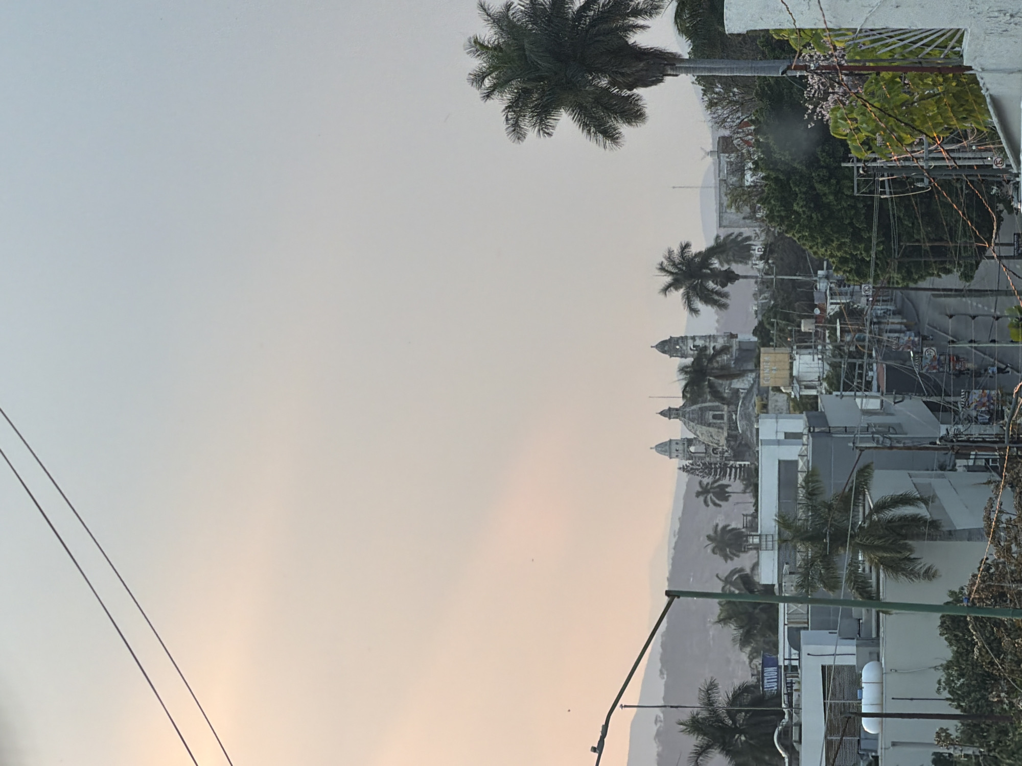The image presents an elevated view over a cityscape, likely taken from a high-rise building or hillside in Cuautla, Mexico. The sky is overcast and pale, giving the scene a muted and diffused lighting. The rooftops of various buildings are visible, with a mix of architectural styles including modern white structures and older, potentially historic buildings with domes and towers. Palm trees are interspersed throughout the urban landscape, contributing to the tropical atmosphere. In the foreground are power lines and portions of what appear to be balcony railings. The background shows a gently sloped hillside or mountain range, obscured by the atmospheric haze.