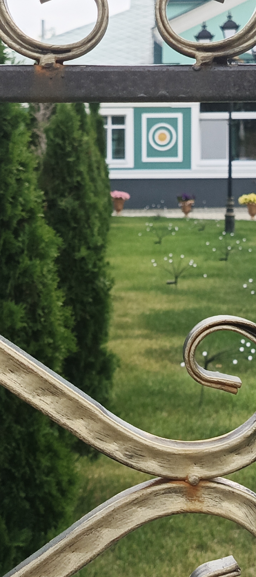 The image depicts a decorative metal fence in the foreground, with ornate golden scrollwork and a dark metal bar. Beyond the fence, a lush green lawn is visible, dotted with small, white, spherical garden lights. In the middle ground, several manicured evergreen trees stand tall, their dark green foliage contrasting with the bright lawn. Further back, a building with a light green facade and white trim is partially visible. It features large windows and a decorative square motif on its side containing concentric circles, one orange and one white. Flower pots containing pink, purple, and yellow flowers are placed along the building's foundation. A black lamppost stands near the building. The overall scene suggests a well-maintained garden or park area, possibly adjacent to a residential or public building. The lighting appears diffused, indicating it may be overcast or late afternoon. The provided context places the scene in Chaikovsky, Russia. No people are visible, and no text is present in the image.