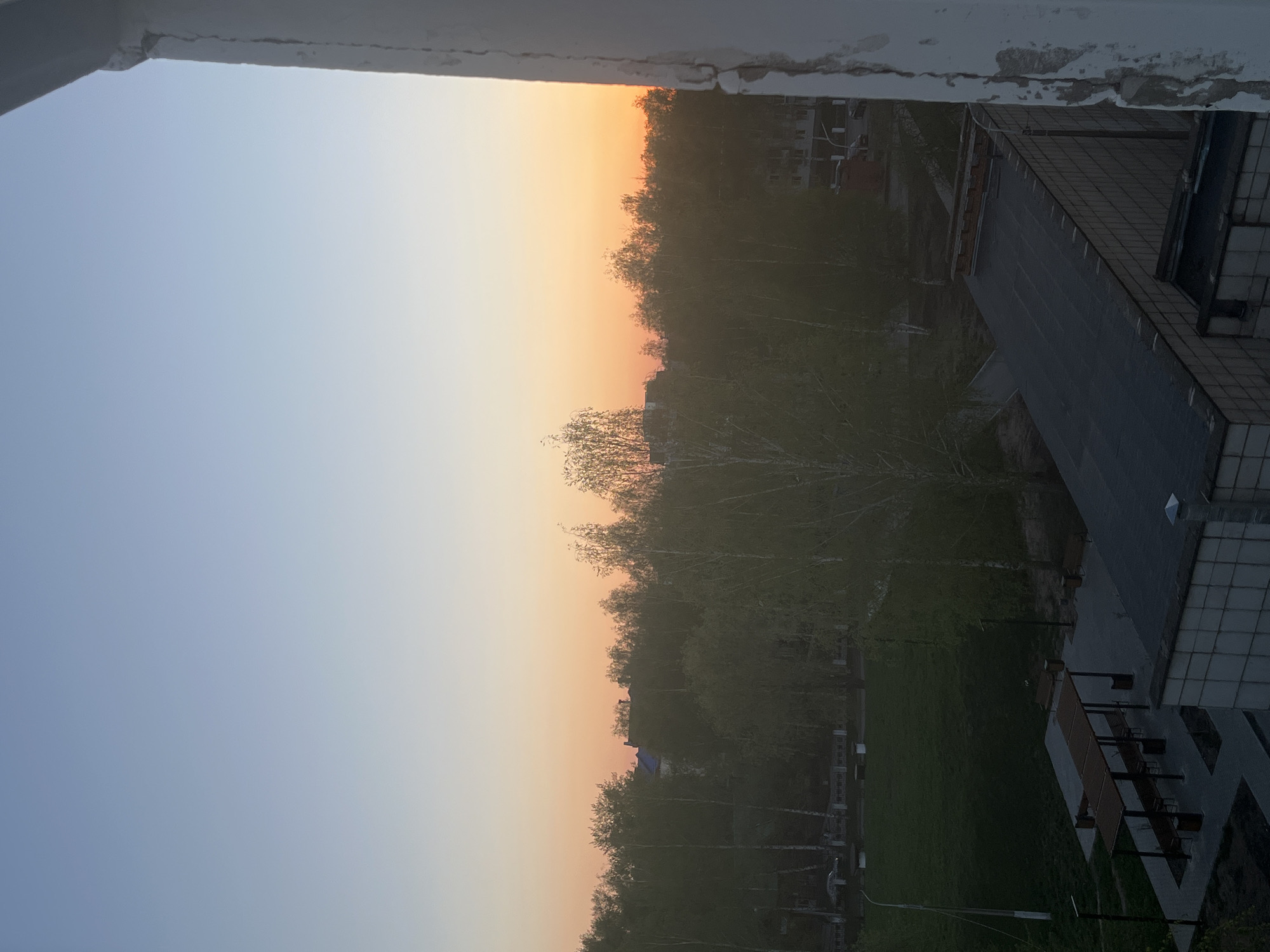 The image presents a view from a high vantage point, likely an apartment window, in what appears to be the city of Chaikovsky, Russia. The sky transitions from a light blue to an orange hue, suggesting either sunrise or sunset. A line of trees is visible in the middle ground, dividing the sky from the urban landscape below. To the right, a large, multi-story building with a flat roof dominates the view. The foreground features a portion of the building's edge, with signs of wear and tear on the painted surface. Below the trees, there's a glimpse of green space, possibly a park or grassy area, with streetlights and other urban features present. There is no visible human activity.