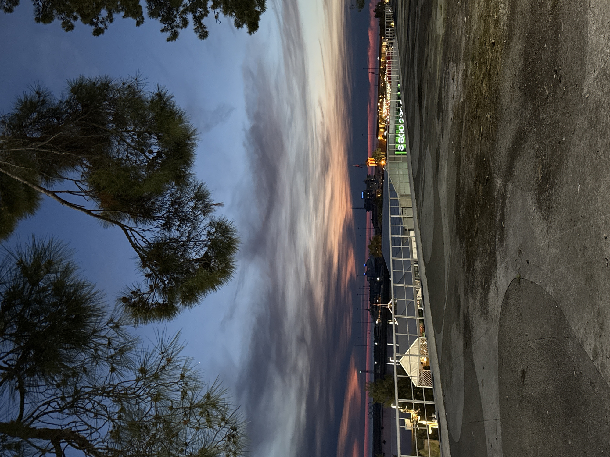 The image depicts an outdoor scene captured during dusk or twilight, characterized by a striking sky featuring long, streaky clouds painted with hues of deep blue, soft grey, pink, and orange, suggesting either a sunset or sunrise. The presence of numerous artificial lights confirms it is evening.
On the left side of the frame, dark silhouettes of pine trees with distinct needles and branches are visible against the colorful sky, partially framing the upper portion of the view. The right side of the image features a textured, paved concrete surface, likely a path or promenade, showing variations in color and some minor debris or staining.
A metal railing or fence, composed of white or light-colored vertical and horizontal bars, runs across the midground, separating the paved area from the distant horizon. Beyond this railing, a cityscape, town, or waterfront area is illuminated by a multitude of artificial lights from buildings and other structures. Among these lights, bright green illuminated letters spelling "SGOOS" are clearly visible on a sign. Other discernible details in the distance include a white, tent-like structure and what appears to be a partially obscured Olympic rings symbol.
There are no people or specific activities taking place, creating a quiet and illuminated landscape scene.
Location context: Unknown, Unknown