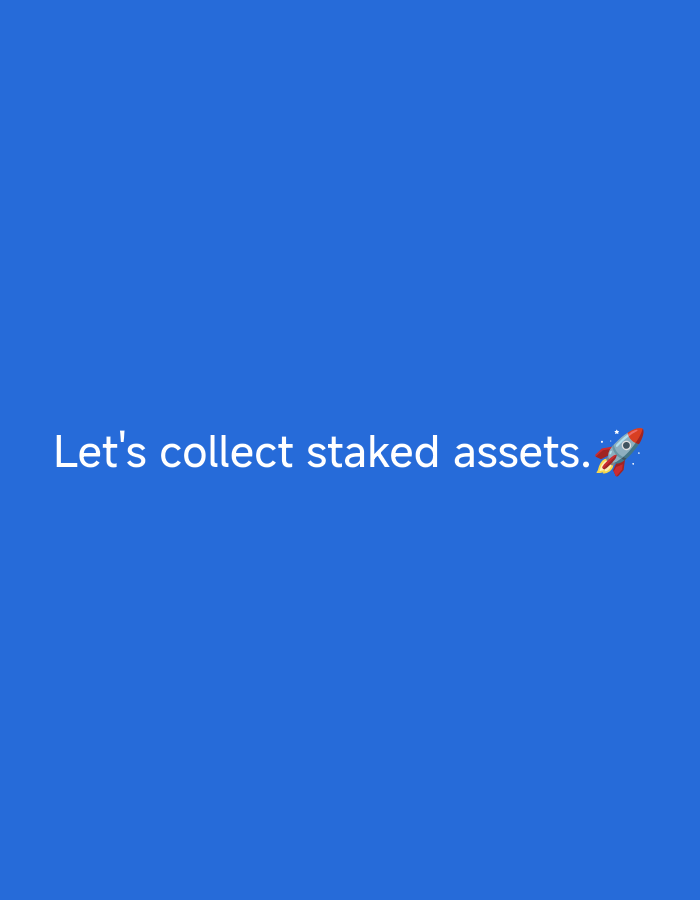 The image shows the text "Let's collect staked assets." in white font against a solid blue background. To the right of the text, there is a small emoji of a rocket. There is no identifiable location in the city of Jobokuto, Indonesia, as the image is a graphic design with no real-world context.
