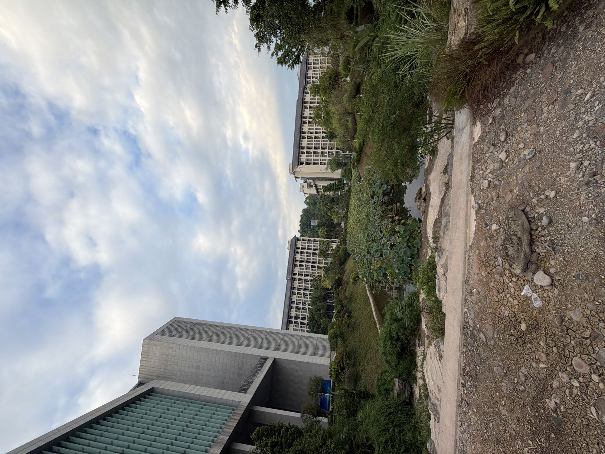 The image depicts a serene outdoor scene at the Chongqing City University of Science and Technology in Jiangjin District, Chongqing, China. In the foreground, a rocky, dry ground area is visible, transitioning to a concrete pathway and then to lush green vegetation. A pond filled with lotus plants dominates the mid-ground, reflecting the cloudy sky. Behind the pond, two modern, multi-story buildings stand, characterized by their light-colored facades and numerous windows, suggesting an educational or residential purpose. A tall, imposing concrete and glass building occupies the left side of the frame, its sleek architectural style contrasting with the natural elements. The overall atmosphere is tranquil, with the natural landscape harmoniously integrated with the built environment. There are no people visible in the image.