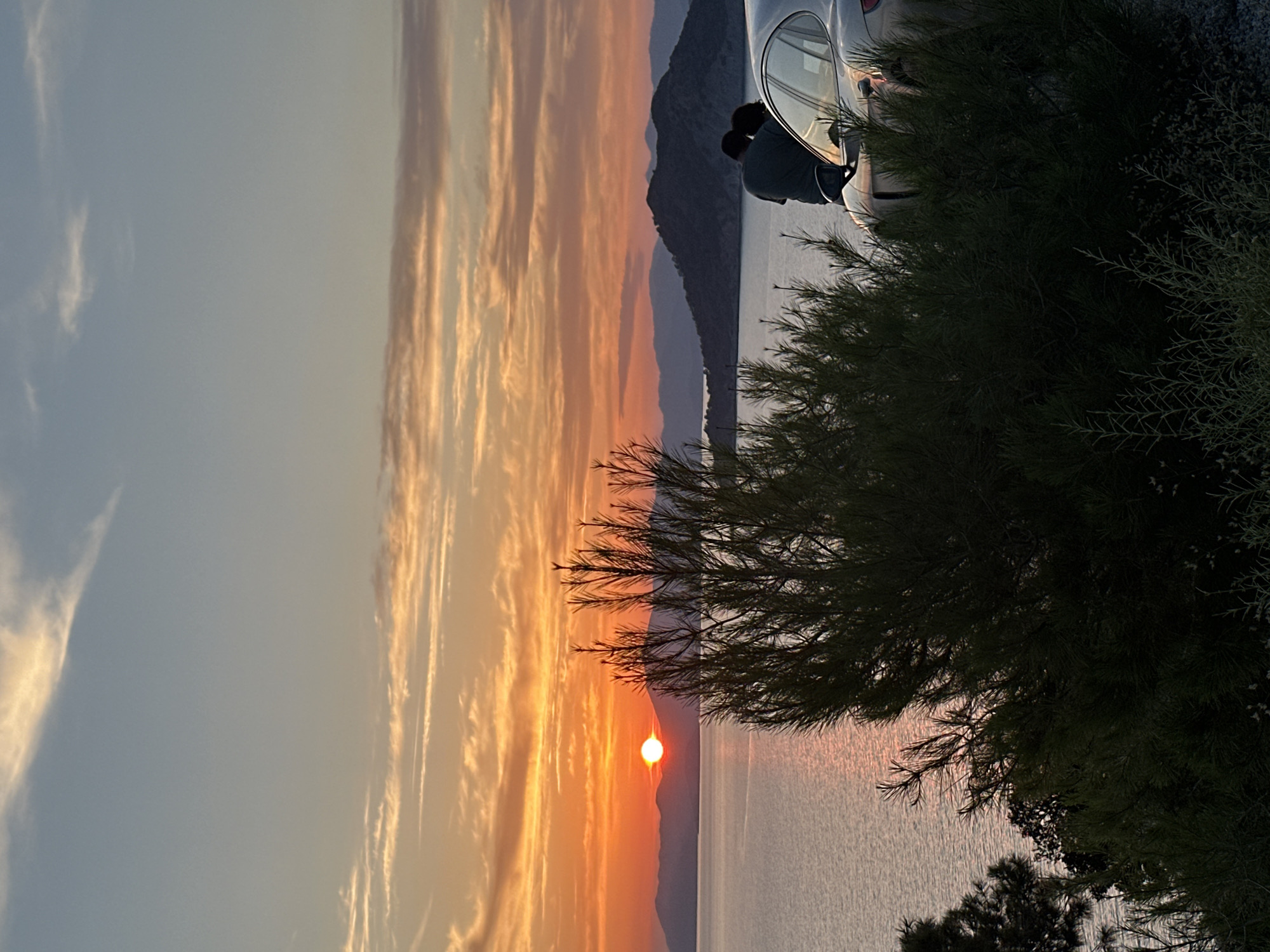 The image, when rotated clockwise, depicts a serene sunset over a body of water, likely the sea, against a backdrop of distant mountains. The sky transitions from a soft, light blue on the left to vibrant oranges, reds, and yellows closer to the horizon where the sun is setting. Wispy, elongated clouds streak across the upper sky, catching the warm light.
A bright, circular orange-red sun is visible just above the horizon, appearing to dip behind the silhouettes of dark mountains. The surface of the water beneath the mountains is calm, reflecting subtle hues from the sky.
In the foreground, a dense, dark green bush or tree with fine, needle-like foliage occupies the lower right portion of the frame, silhouetted against the bright sunset and water. On the left side, a silver car is parked, facing towards the left. A person with dark hair, wearing a dark top, is visible near the rear of the car, seemingly paused to observe the sunset or interact with the vehicle. The scene conveys a peaceful moment at dusk, capturing the natural beauty of a coastal landscape, consistent with the Fethiye region in Turkey. There is no visible text in the image.