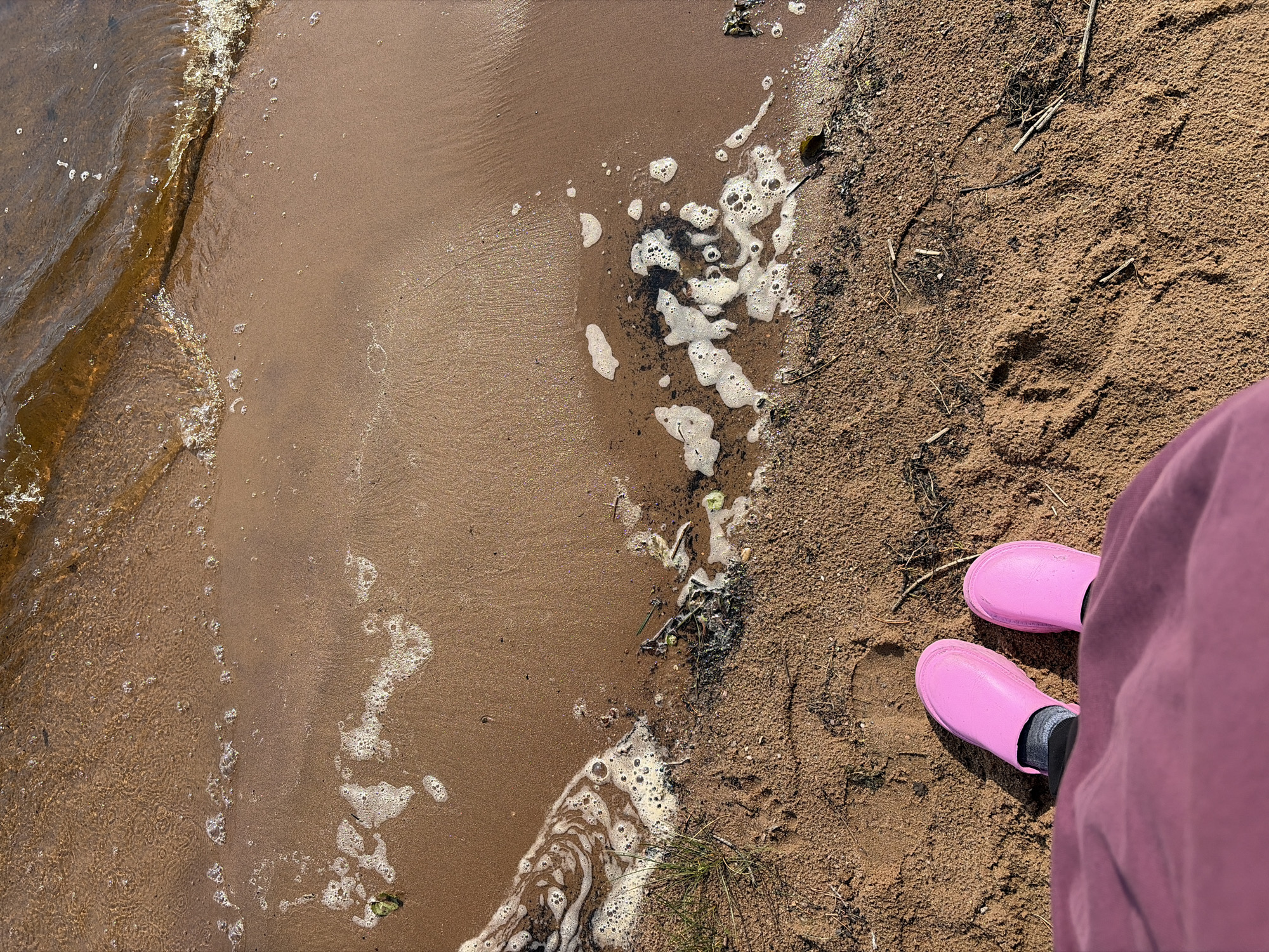 The image captures a top-down view of a sandy shore meeting the water. In the foreground, a person's legs are visible, clad in a pink garment and bright pink clogs. The sand is a reddish-brown and shows footprints. The water's edge is marked by a line of foam and some debris, including small twigs and darker organic material. The water itself appears somewhat murky with ripples and reflections on its surface. The location is Vaskelovo, Russia.