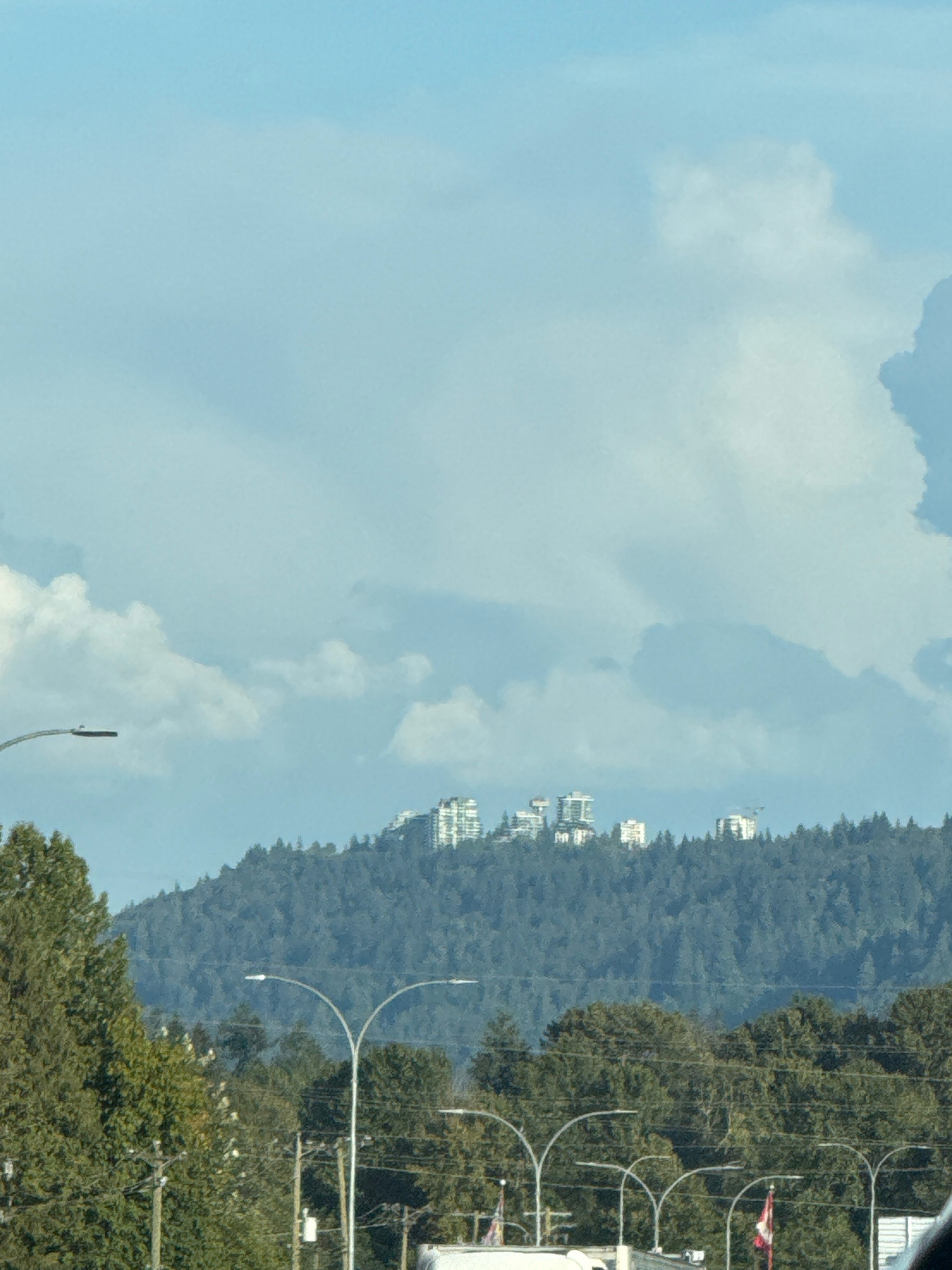 The image captures a distant view of the District of North Vancouver, Canada, dominated by a tree-covered hillside. On the crest of the hill, several modern, light-colored apartment buildings are visible, suggesting urban development amidst a natural landscape. The sky is partly cloudy with a soft blue hue. In the foreground, streetlights and utility poles line what appears to be a roadway, with lush green trees framing the lower portion of the scene. A Canadian flag can be seen flying near the bottom right of the image.