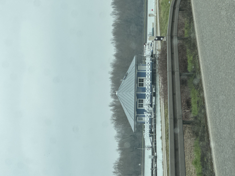 This image depicts a boathouse or floating structure situated on a body of water in Altenheim, Germany. The scene is observed from an elevated position, likely a roadside, under an overcast sky.
In the foreground, a dark asphalt road surface is visible, partially obscured by a grey metal guardrail. Below the guardrail, sparse green grass and brown vegetation grow. To the right of the guardrail, a white and black road marker post (Leitpfosten) stands.
The midground features a calm body of water. A prominent blue building, possibly octagonal or hexagonal in shape, rests on a white floating platform. The building has a light blue/grey conical roof with a small chimney or vent on top. Its exterior walls are blue with white trim around multiple windows and a white door on the visible side. White decorative railings with an "X" pattern surround the platform and extend horizontally across the water, connecting to other floating elements or docks.
In the background, a dense, horizontal line of bare deciduous trees defines the distant shoreline, extending across the entire width of the frame beneath the light grey sky. No individuals or active interactions are visible.