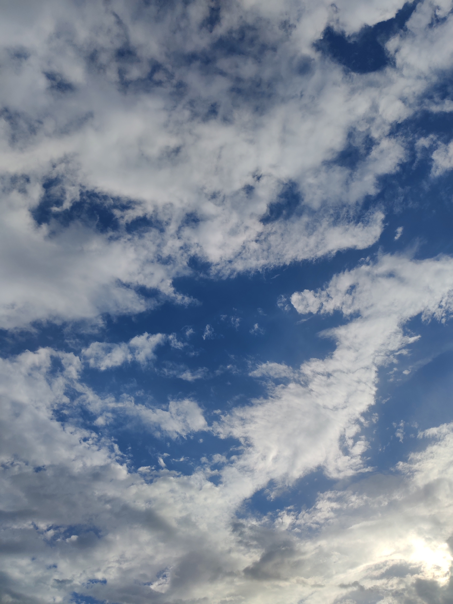 The image displays a wide-angle view of a partly cloudy sky. The sky is a vibrant blue, with various types of clouds scattered across it. There are wispy, white cirrus clouds high up, as well as thicker, cumulus clouds at lower altitudes. Some clouds are bright white, indicating they are catching sunlight, while others are darker and appear to be casting shadows. The sun is not directly visible, but its presence is suggested by the illuminated areas of the clouds. The overall impression is of a dynamic and changing sky. The image was taken from an outdoor location in Unknown, Unknown.